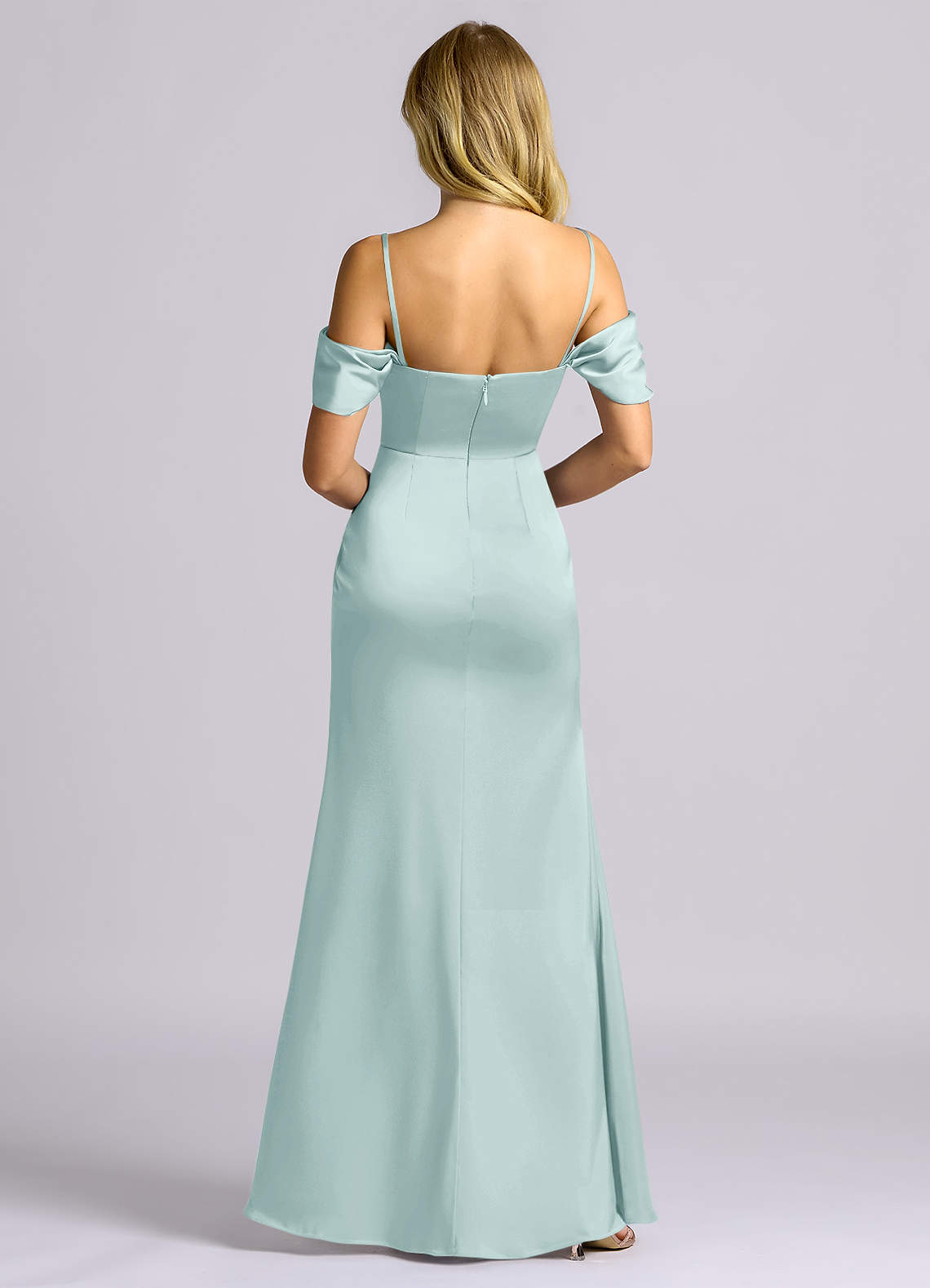 Auden Sheath Off-the-Shoulder Stretch Satin Bridesmaid Dress in Mist