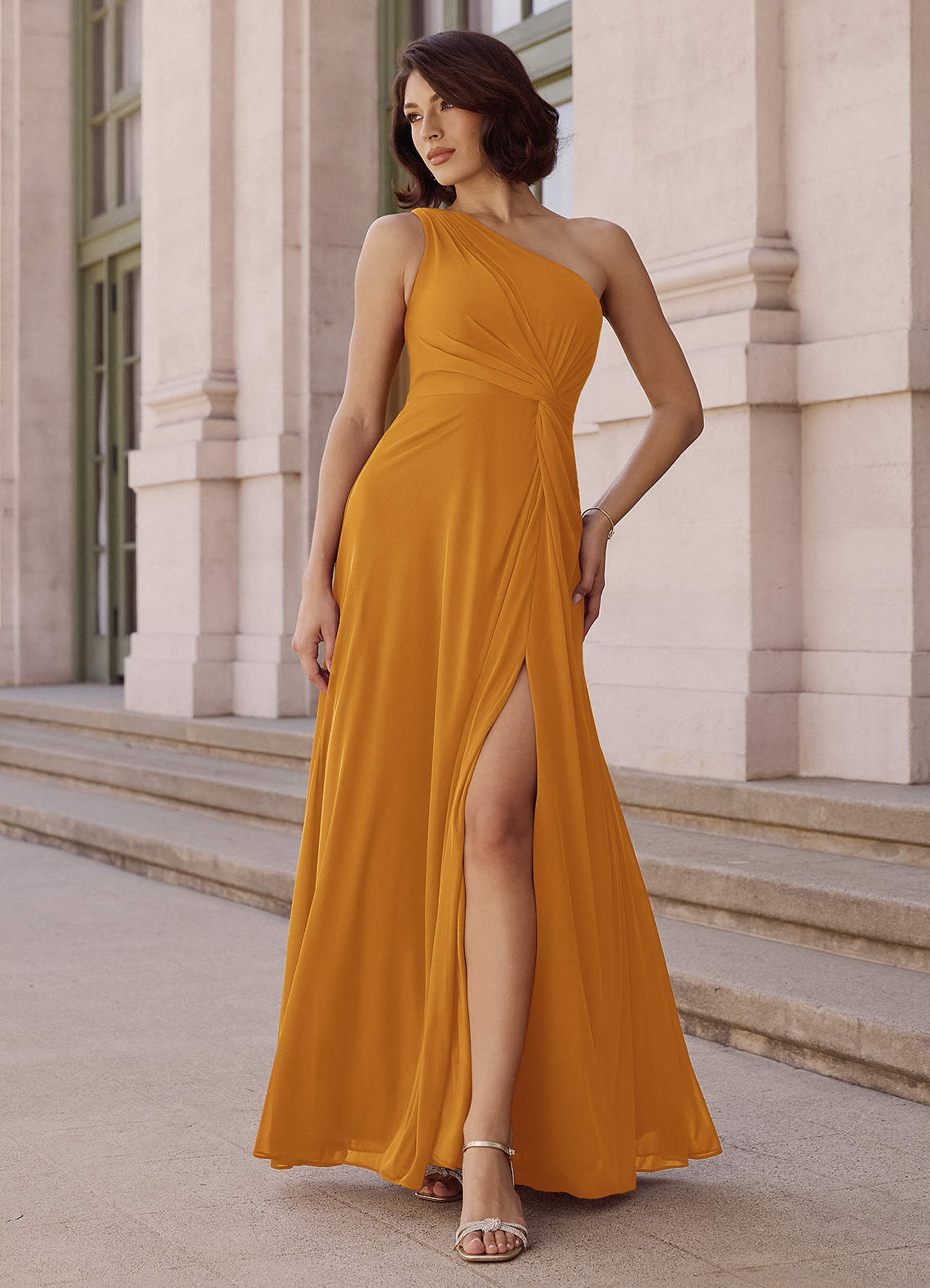 Brooke A-Line One-Shoulder Chiffon Bridesmaid Dress in butterscotch
