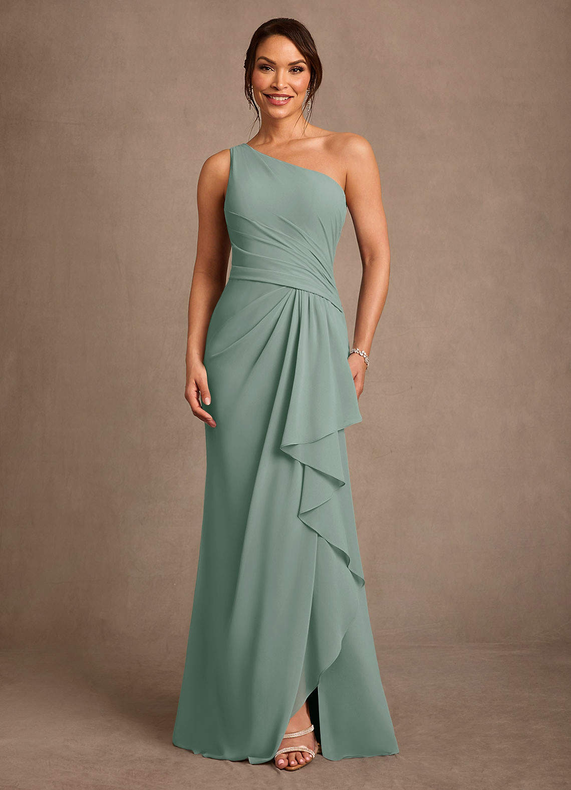 Floy Sheath One-Shoulder Chiffon Mother of the Bride Dress in Silver Sage