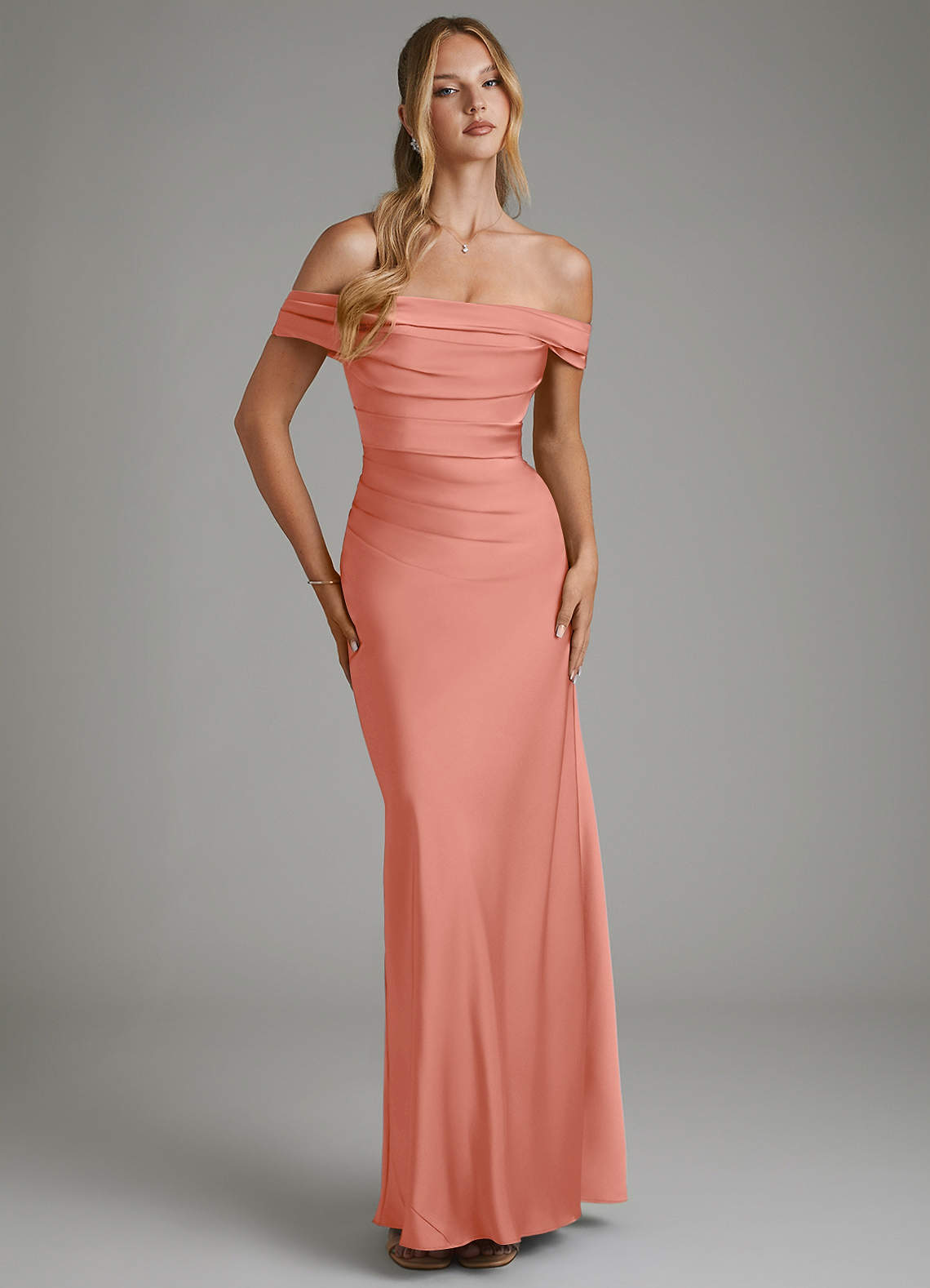 Hayden Mermaid Off-the-Shoulder Stretch Satin Bridesmaid Dress in Salmon Pink