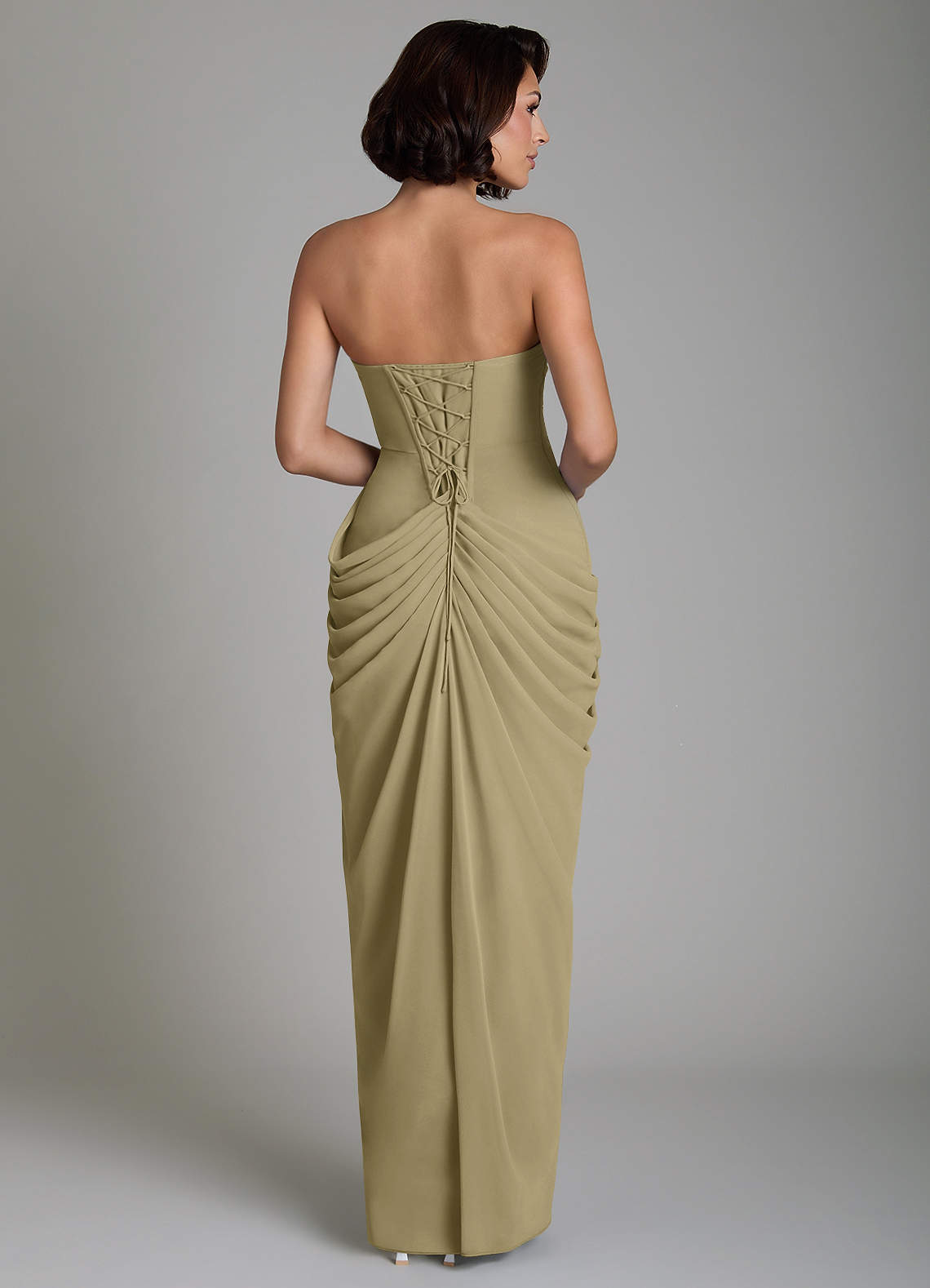 Nyra Sheath Strapless Chiffon Bridesmaid Dress in Moss Green