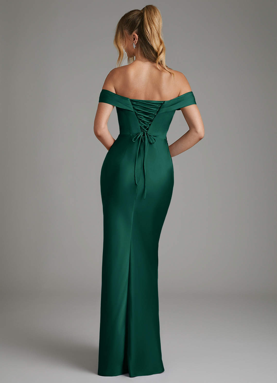 Hayden Mermaid Off-the-Shoulder Stretch Satin Bridesmaid Dress in Emerald