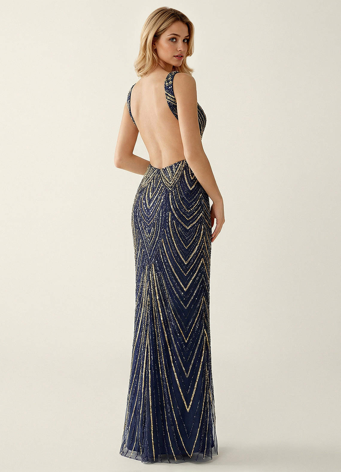 Hazelen Plunging V-Neck Chevron Sequin Tulle Evening Dress in Navy