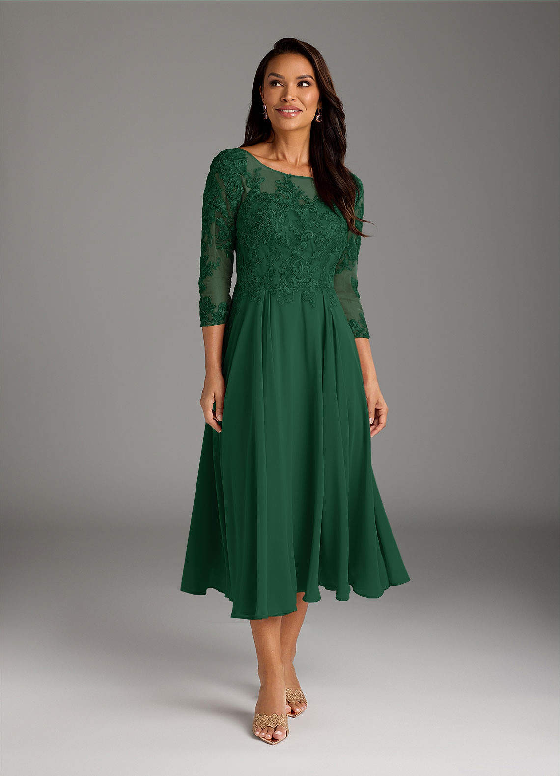 Marge A-Line Scoop-Neck Chiffon and Lace Mother of the Bride Dress in Dark Green