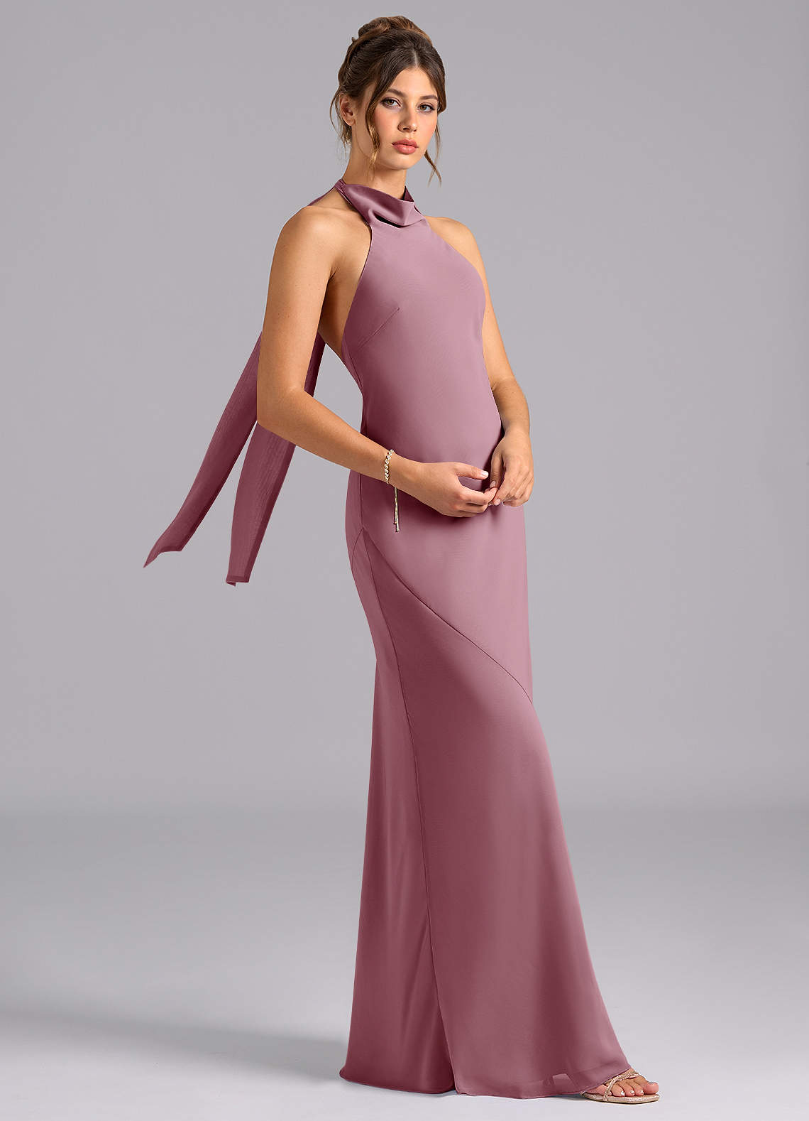 Velli Mermaid Halter Chiffon Bridesmaid Dress in Vintage Mauve