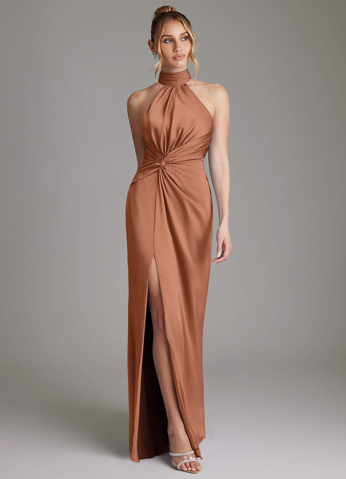 Gracelynn Sheath Halter Stretch Satin Bridesmaid Dress in Bronzer