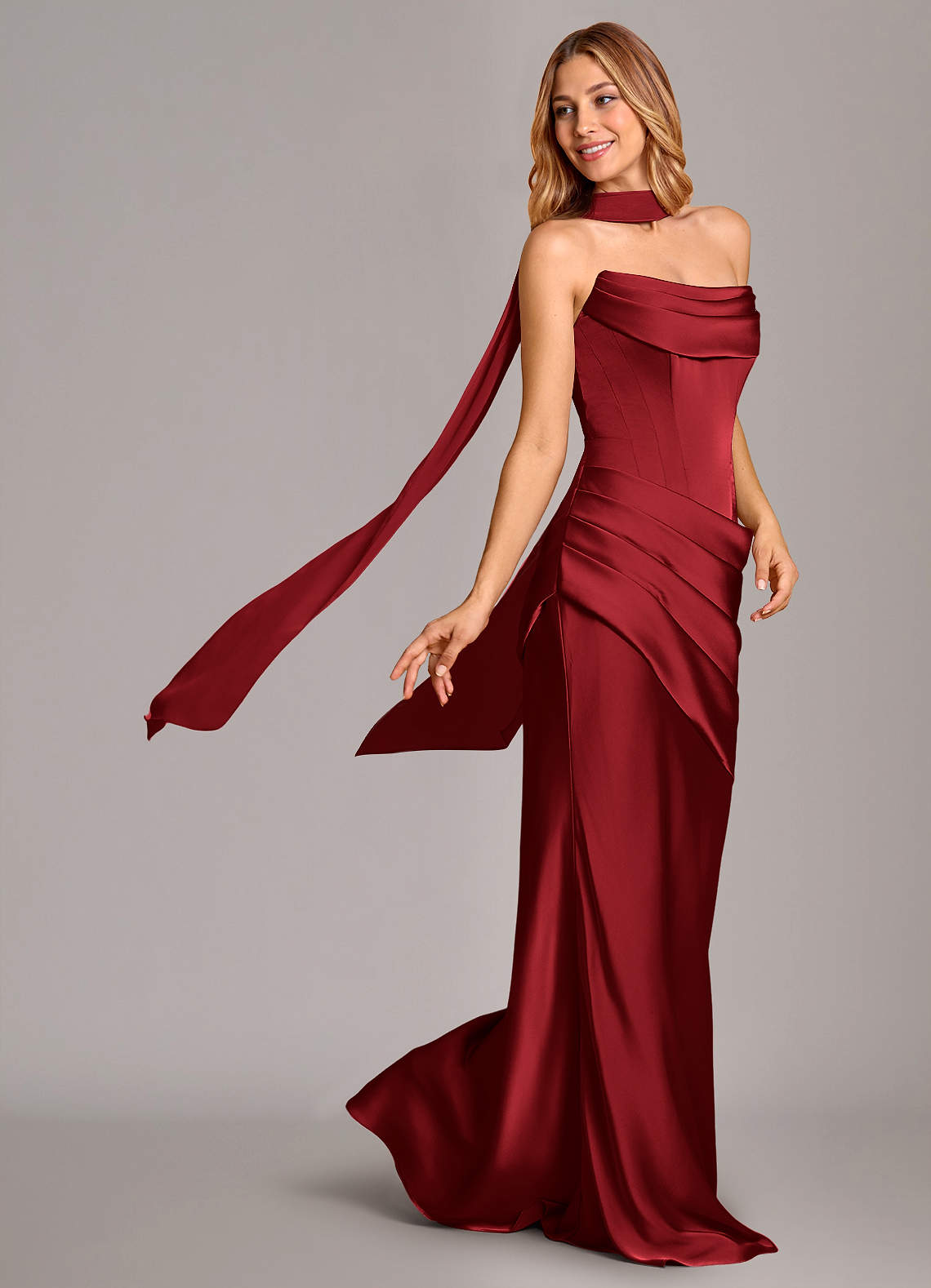 Pelagia Mermaid Cowl-Neck Stretch Satin Bridesmaid Dress in Scarlet