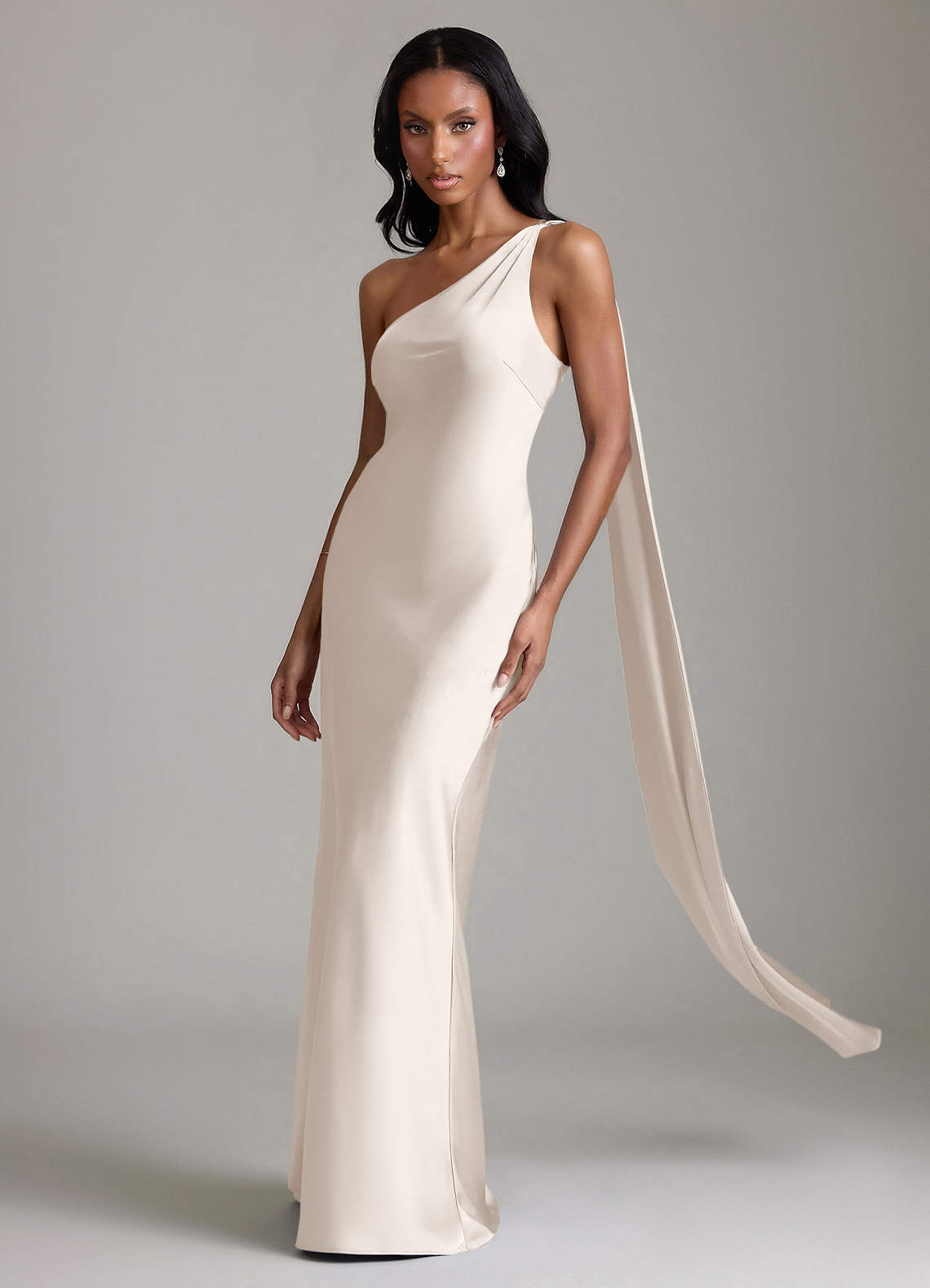Juniper Mermaid One-Shoulder Stretch Satin Bridesmaid Dress in White Alabaster