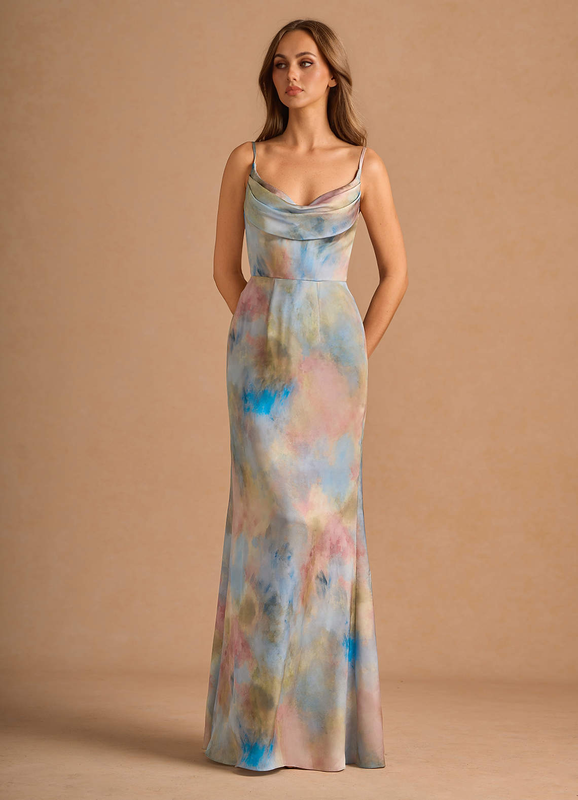 Aimee Cowl-Neck Spaghetti-Strap Floral Jacquard Wedding Guest Dress in Watercolor