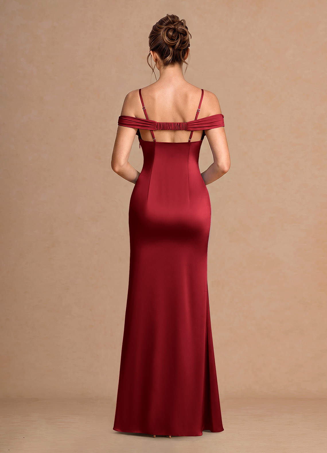 Estelle A-Line Cold-Shoulder Satin Chiffon Evening Dress in Cherry Red