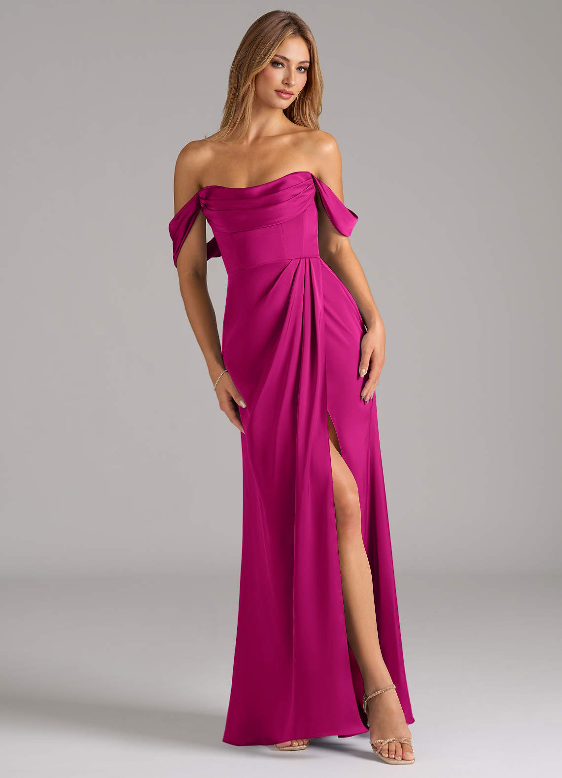 Johana Mermaid Off-the-Shoulder Stretch Satin Bridesmaid Dress in Fuchsia
