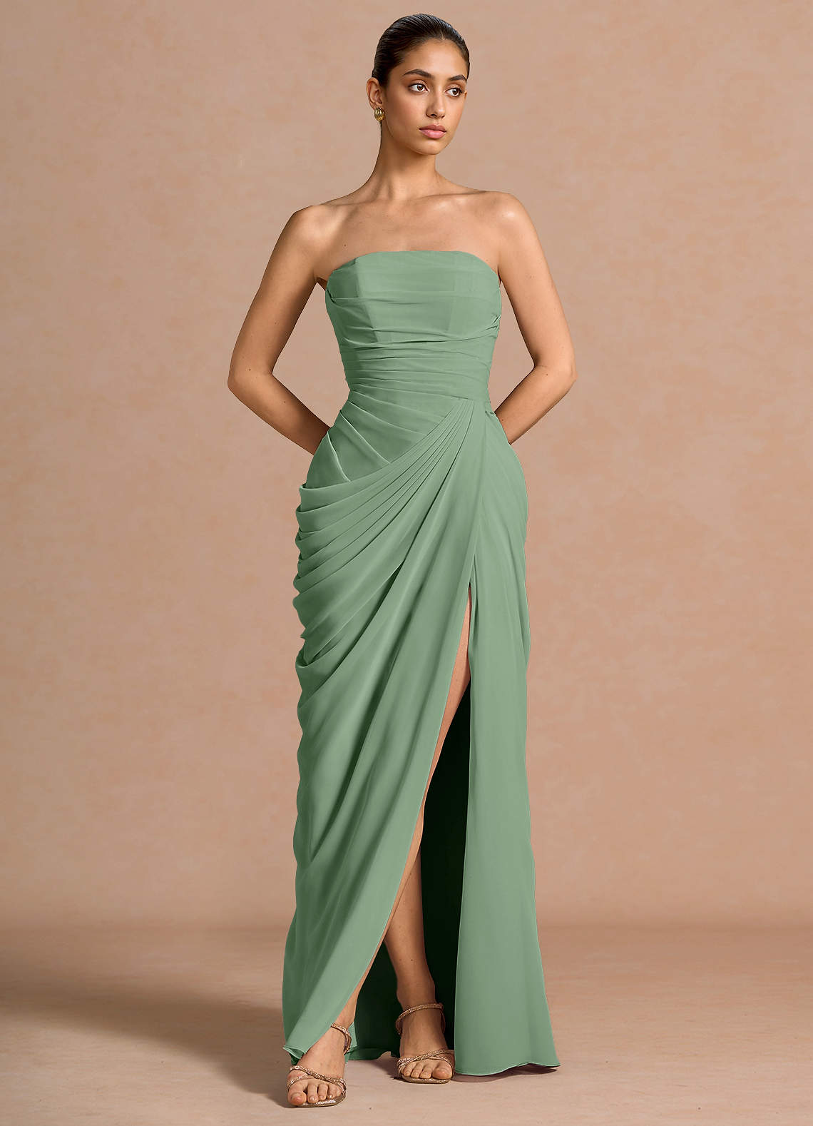 Kaavia Column Pleated Chiffon Maxi Evening Dress in Dusty Blue