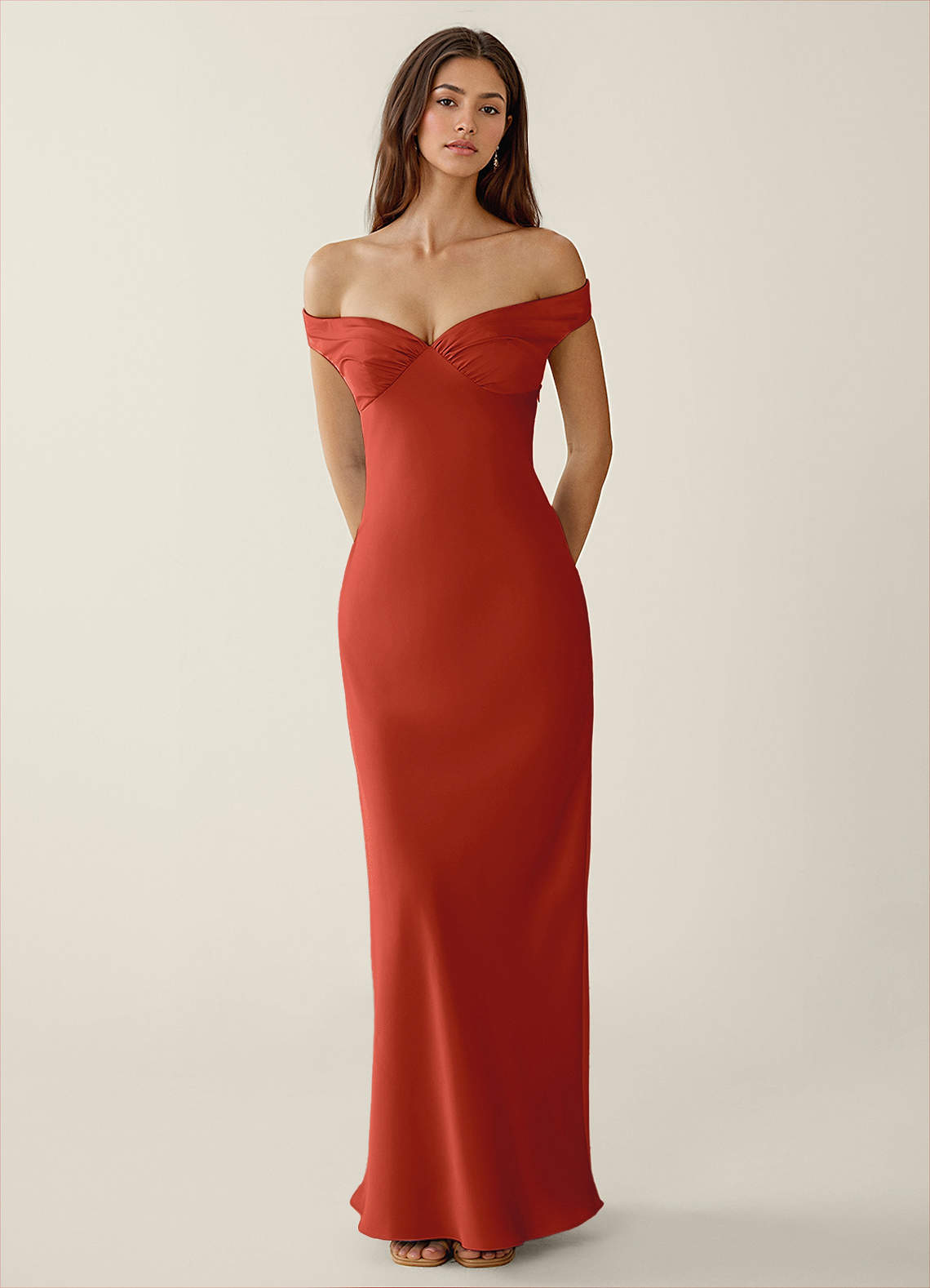 Gwendonme Sheath Off-the-Shoulder Satin Crystal Linen Evening Dress in Rust