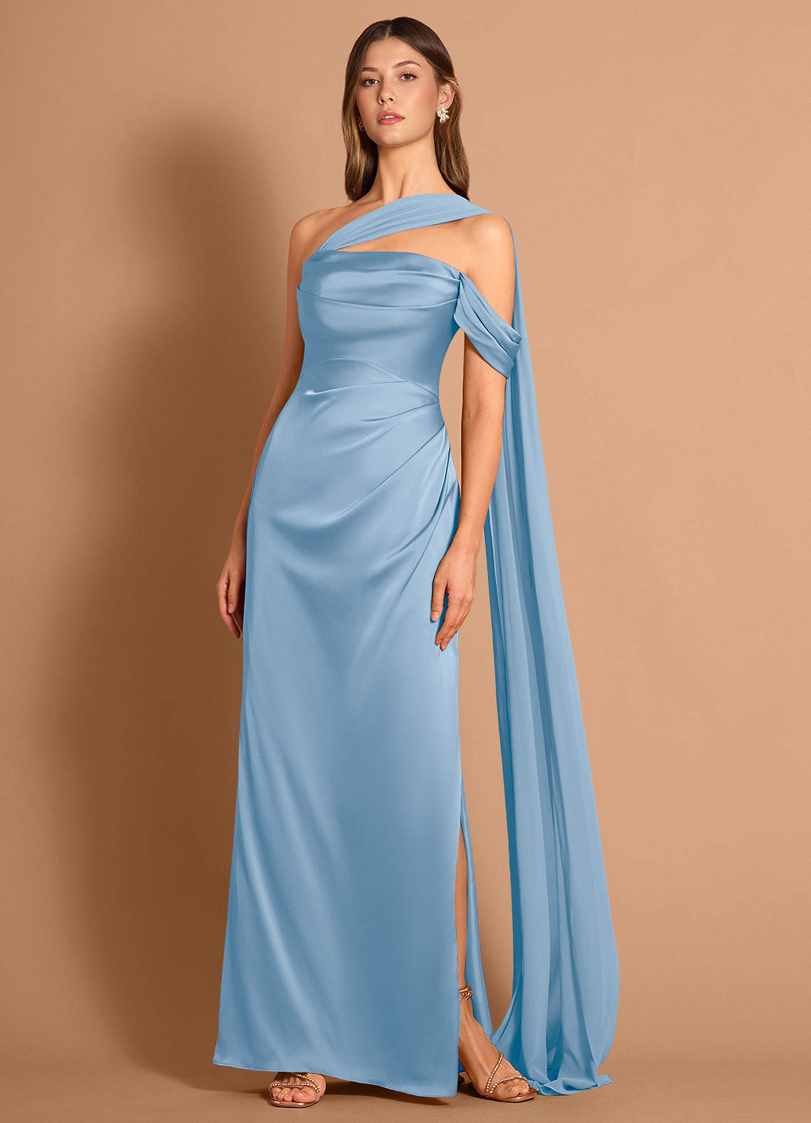 Meliora Asymmetric Strapless Chiffon-Drape Stretch Satin Evening Dress in Haze blue