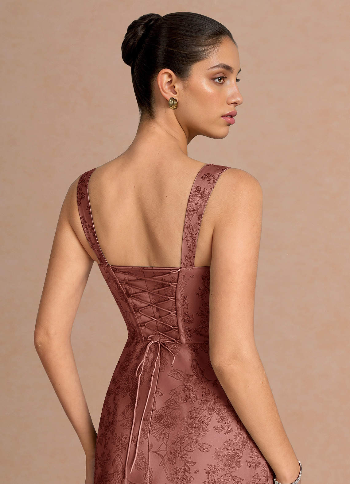 Agustina Square-Neck Pleated Jacquard Evening Dress in Vintage Rose
