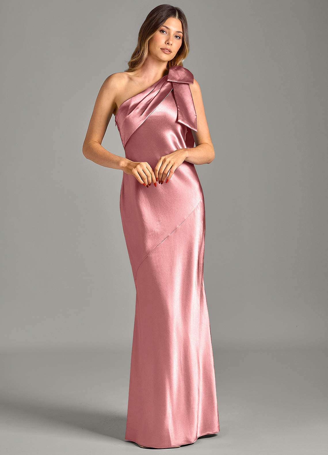 Yuanna Mermaid One-Shoulder Metallic Satin Bridesmaid Dress in Rosette