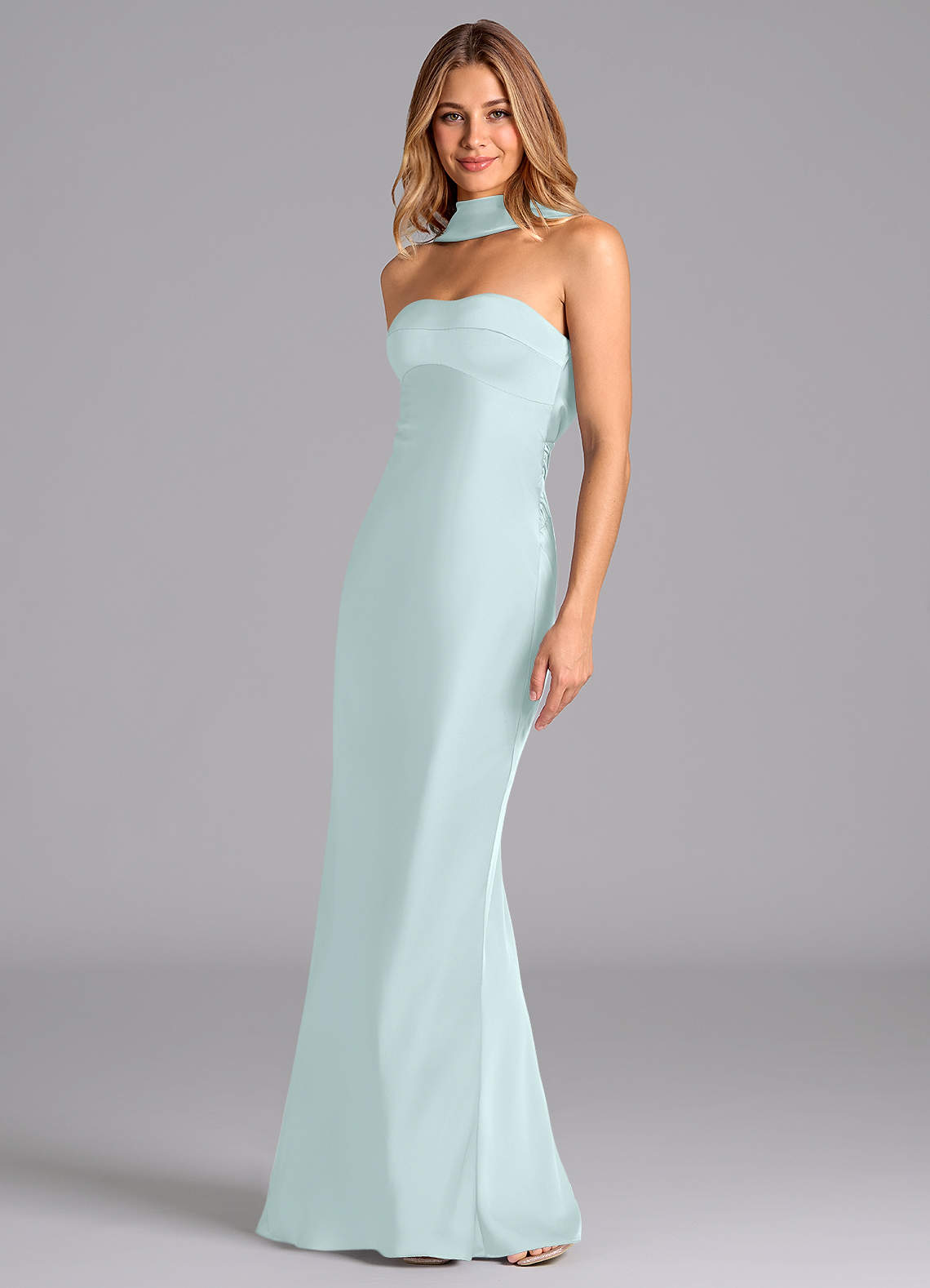 Lusinda Mermaid Strapless Stretch Satin Bridesmaid Dress in Sea Glass
