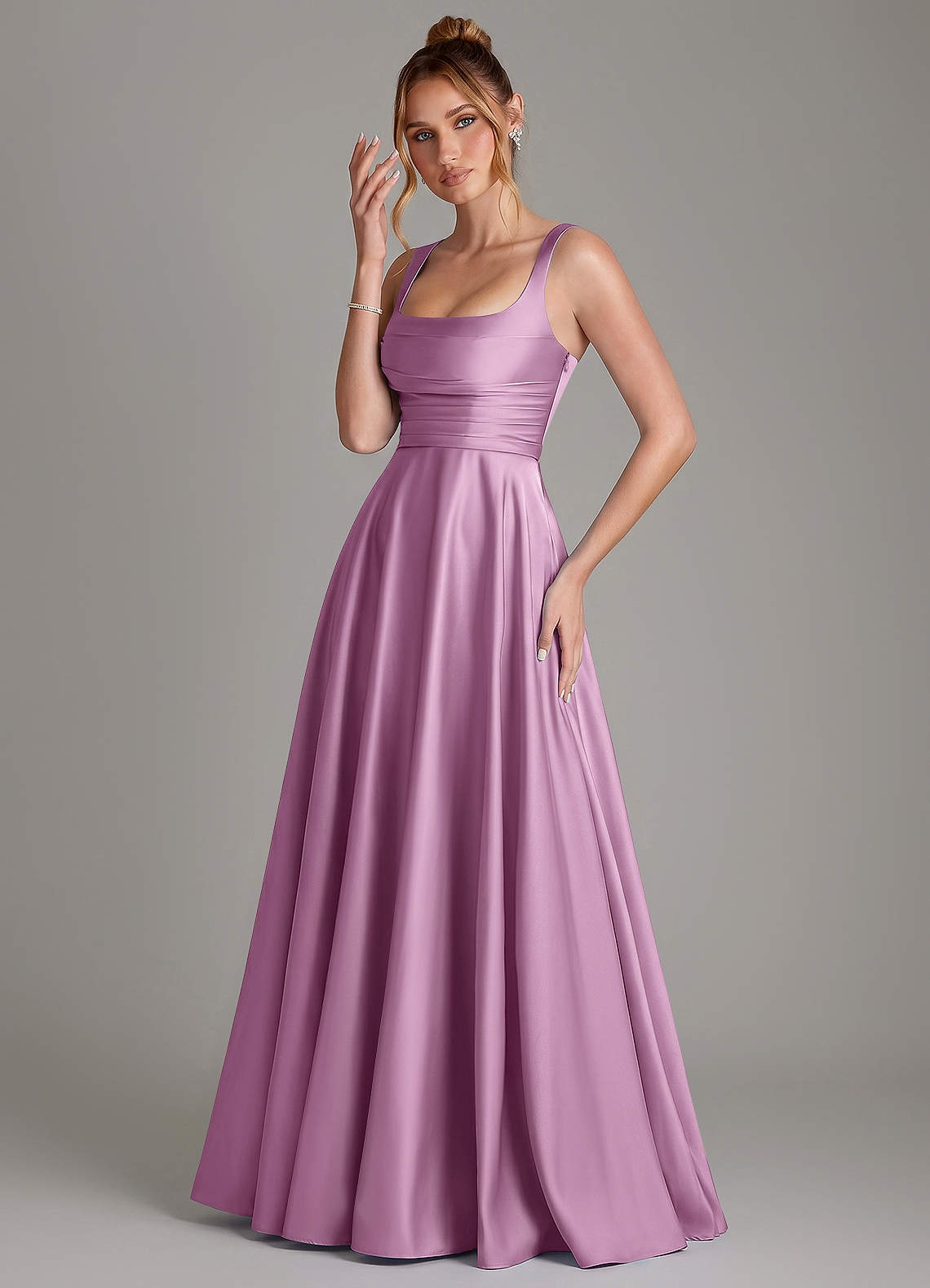 Azaria A-Line Square-Neck Stretch Satin Bridesmaid Dress in Wisteria