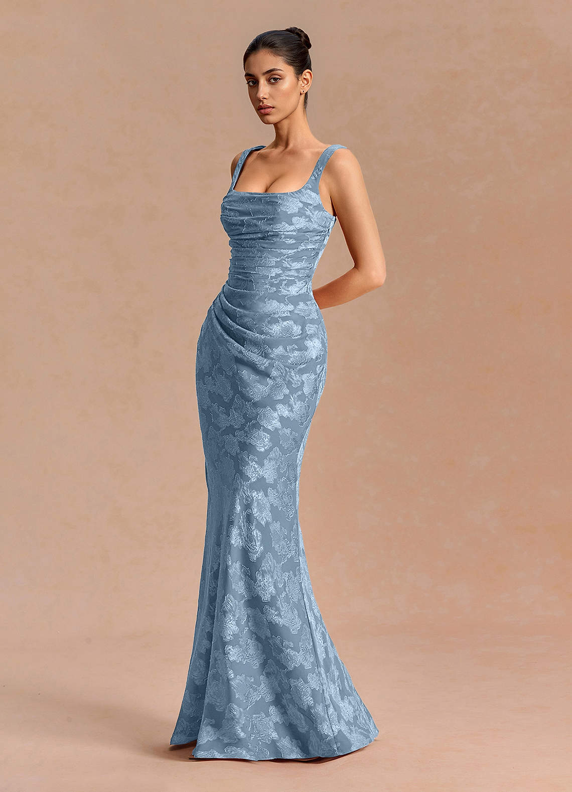 Agustina Square-Neck Pleated Fil Coupé Evening Dress in Dusty Blue