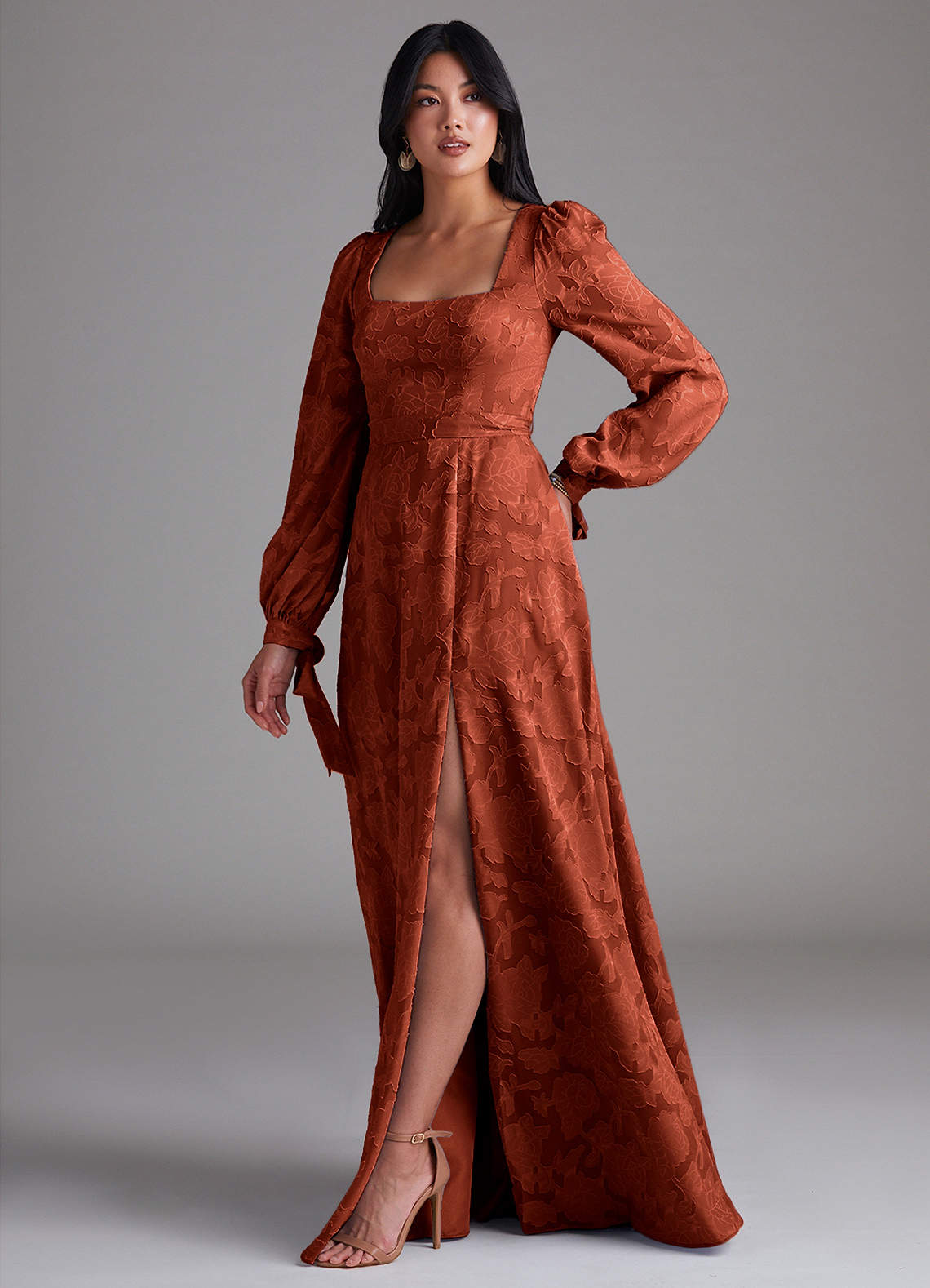 Leonia A-Line Square-Neck Stretch Satin Bridesmaid Dress in Auburn