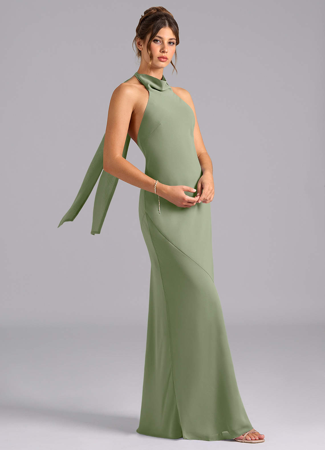Velli Mermaid Halter Chiffon Bridesmaid Dress in Pistachio
