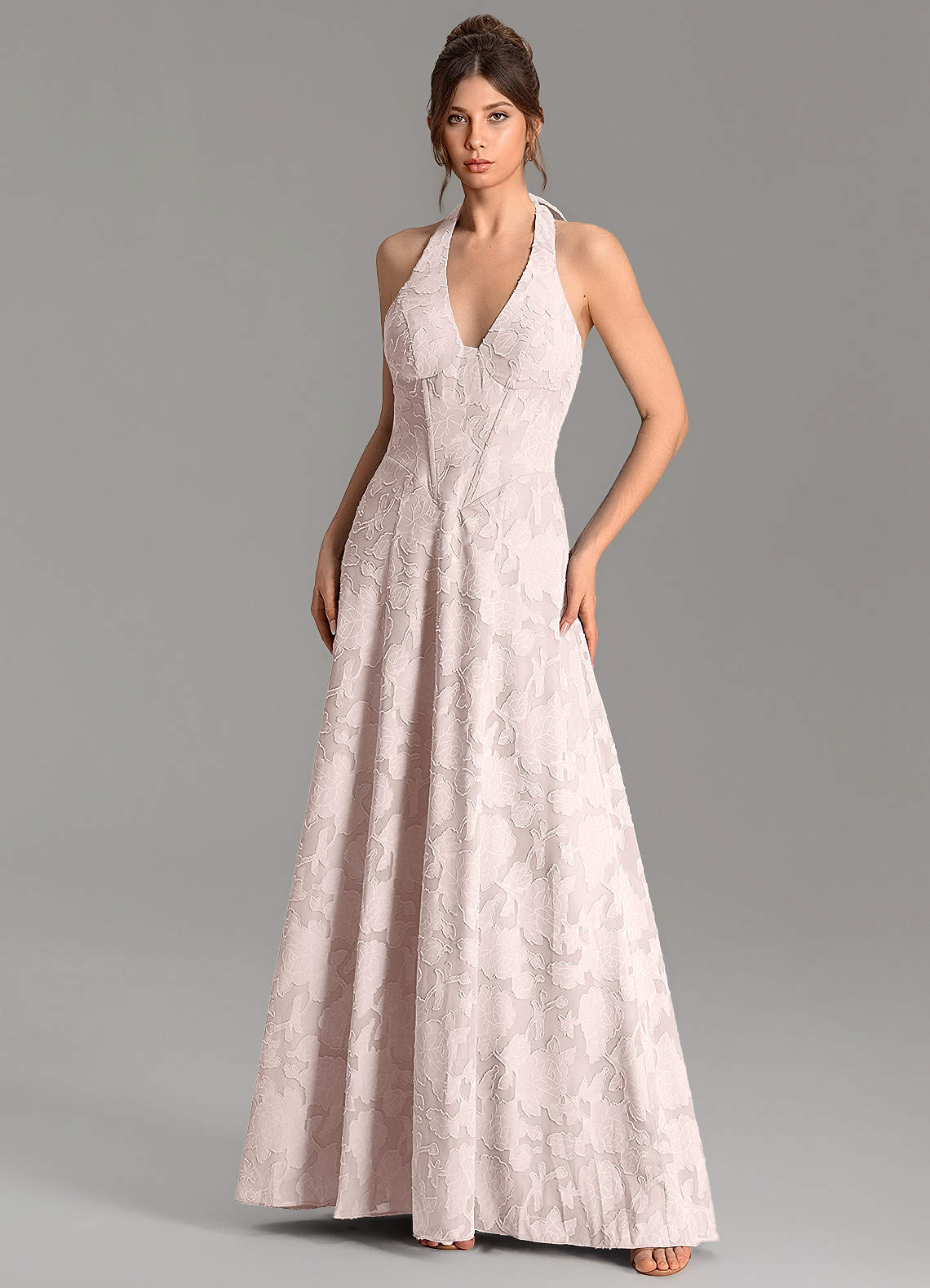 Nia A-Line V-Neck Floral Burnout Bridesmaid Dress in Blushing Pink