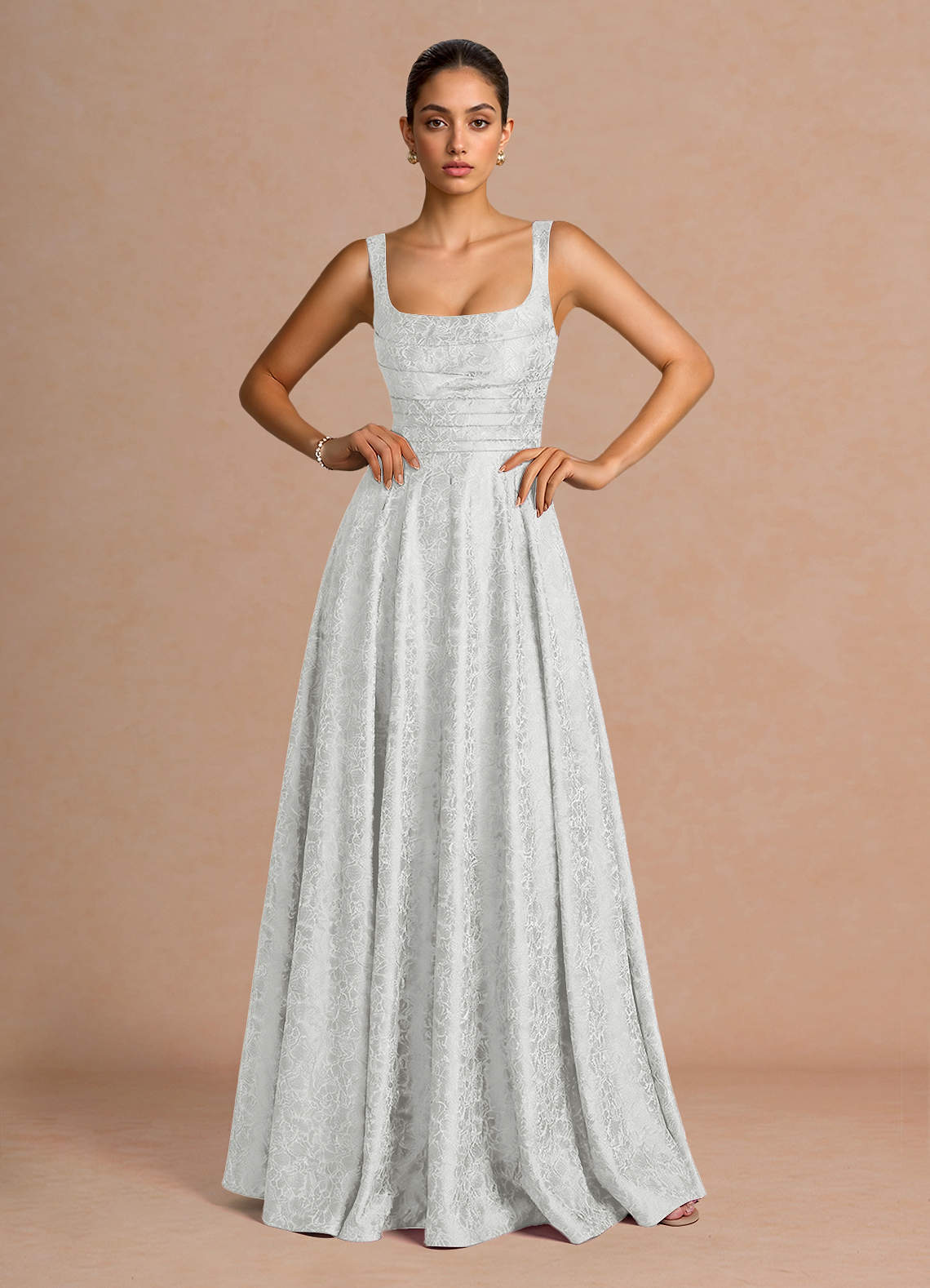 Elowena A-Line Square-Neck Satin Jacquard Evening Dress in Cream