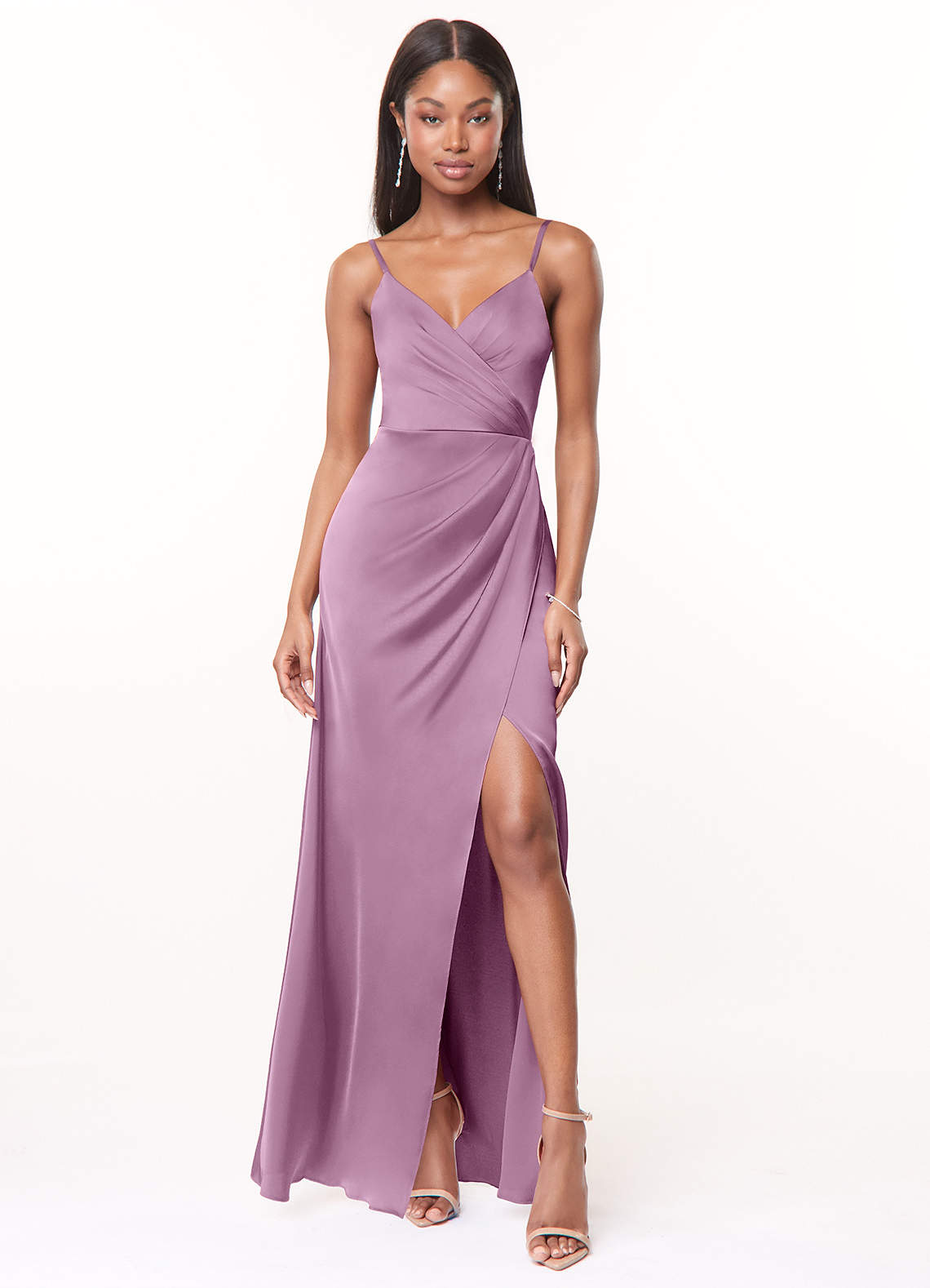 Maci A-Line V-Neck Stretch Satin Bridesmaid Dress in Wisteria