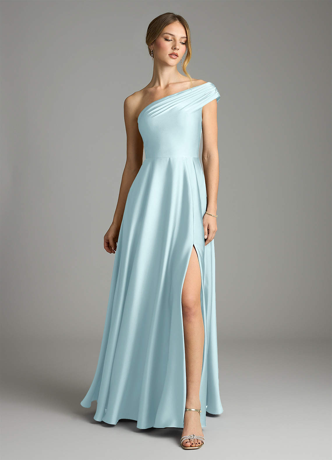 Melanie A-Line One-Shoulder Stretch Satin Bridesmaid Dress in Cloud Blue