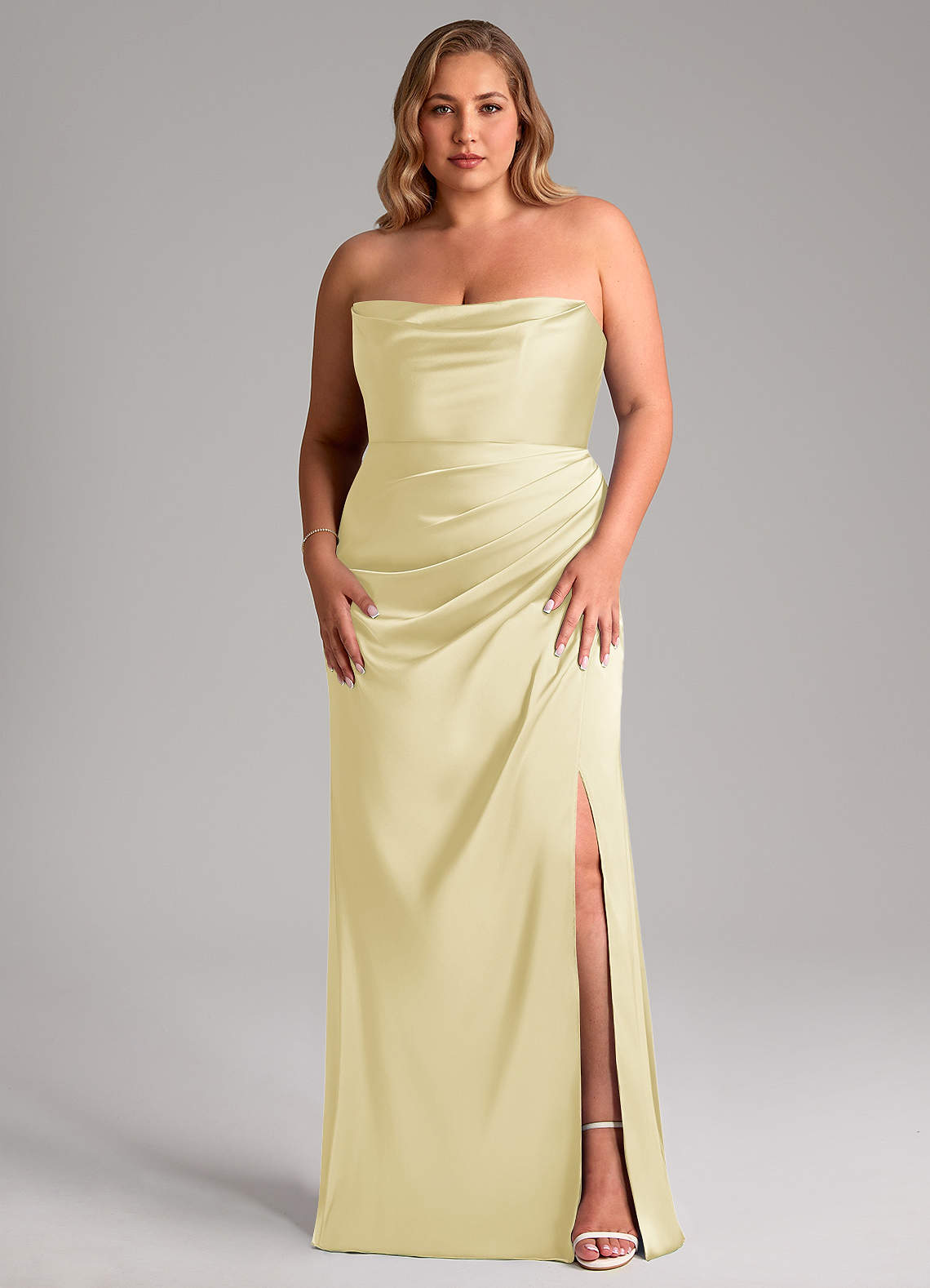 Leonis Mermaid Cowl-Neck Stretch Satin Bridesmaid Dress in Lemon Sorbet