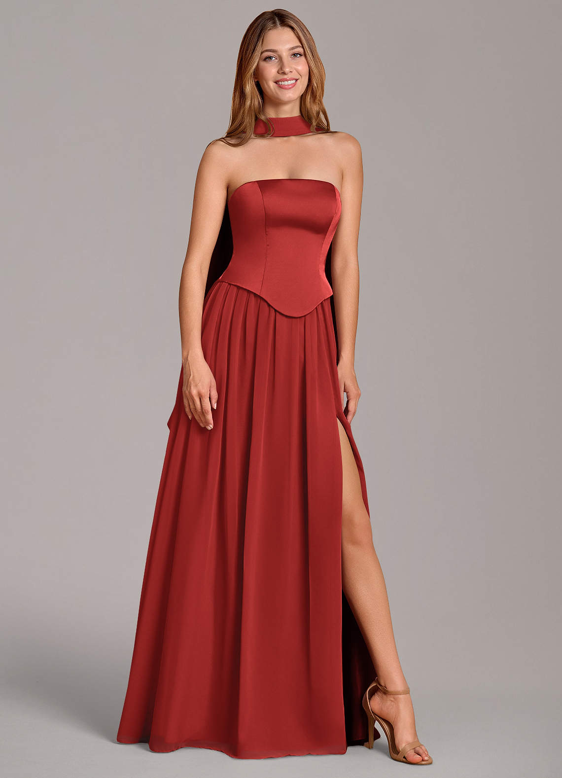 Cadence A-Line Strapless Chiffon and Stretch Satin Bridesmaid Dress in Pomegranate