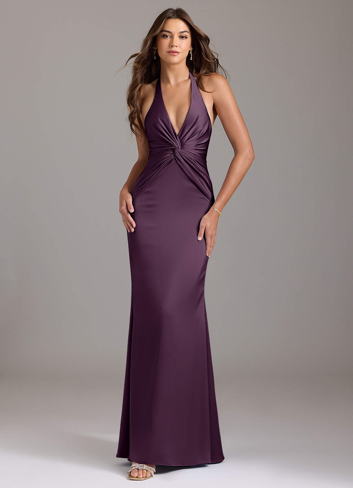 Valerie Mermaid V-Neck Stretch Satin Bridesmaid Dress in Plum
