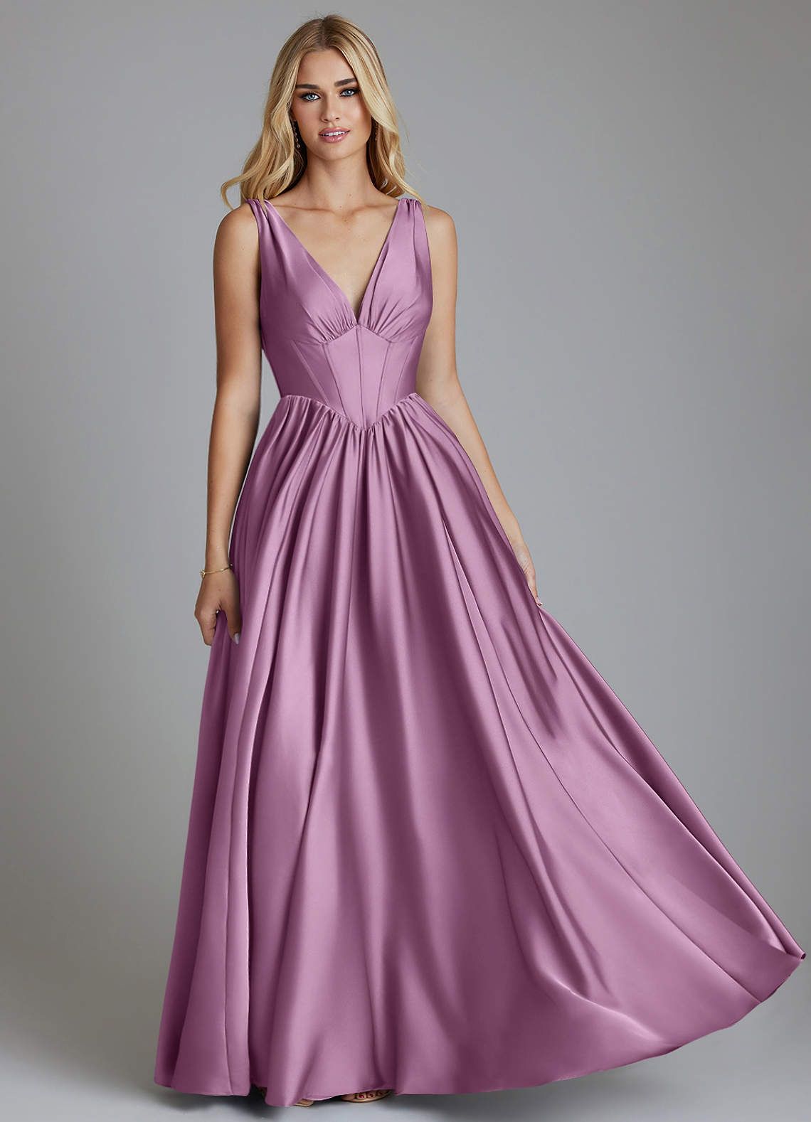 Delmie A-Line V-Neck Stretch Satin Bridesmaid Dress in Wisteria