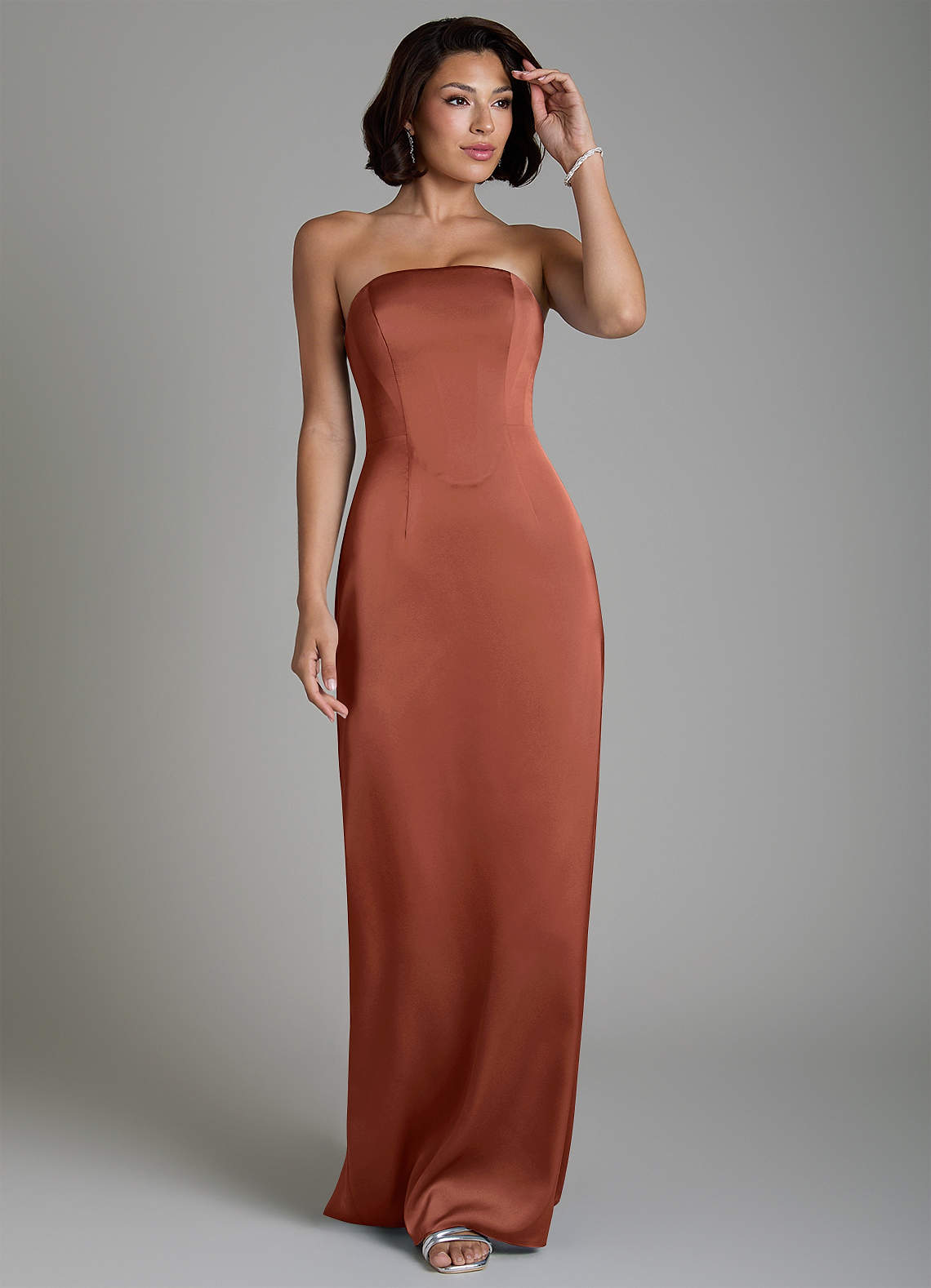 Fallyn Sheath Strapless Stretch Satin Bridesmaid Dress in Auburn