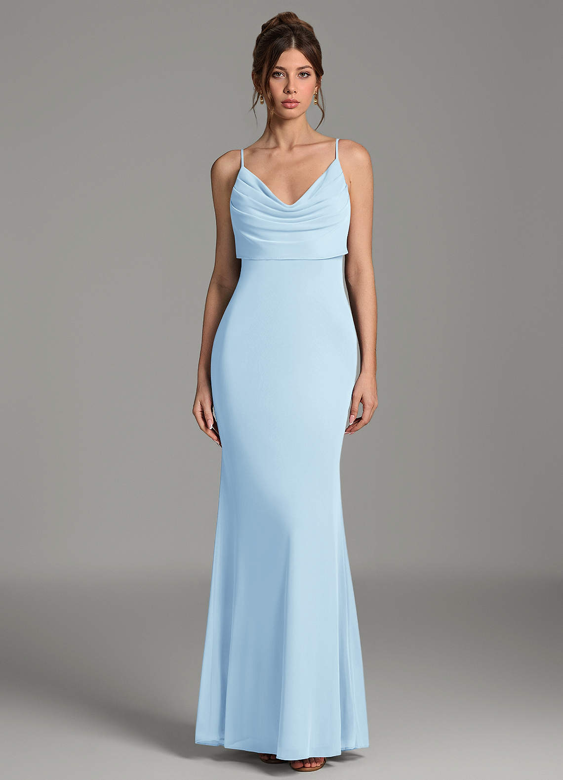 Zari Mermaid Cowl-Neck Mesh Bridesmaid Dress in Sky Blue