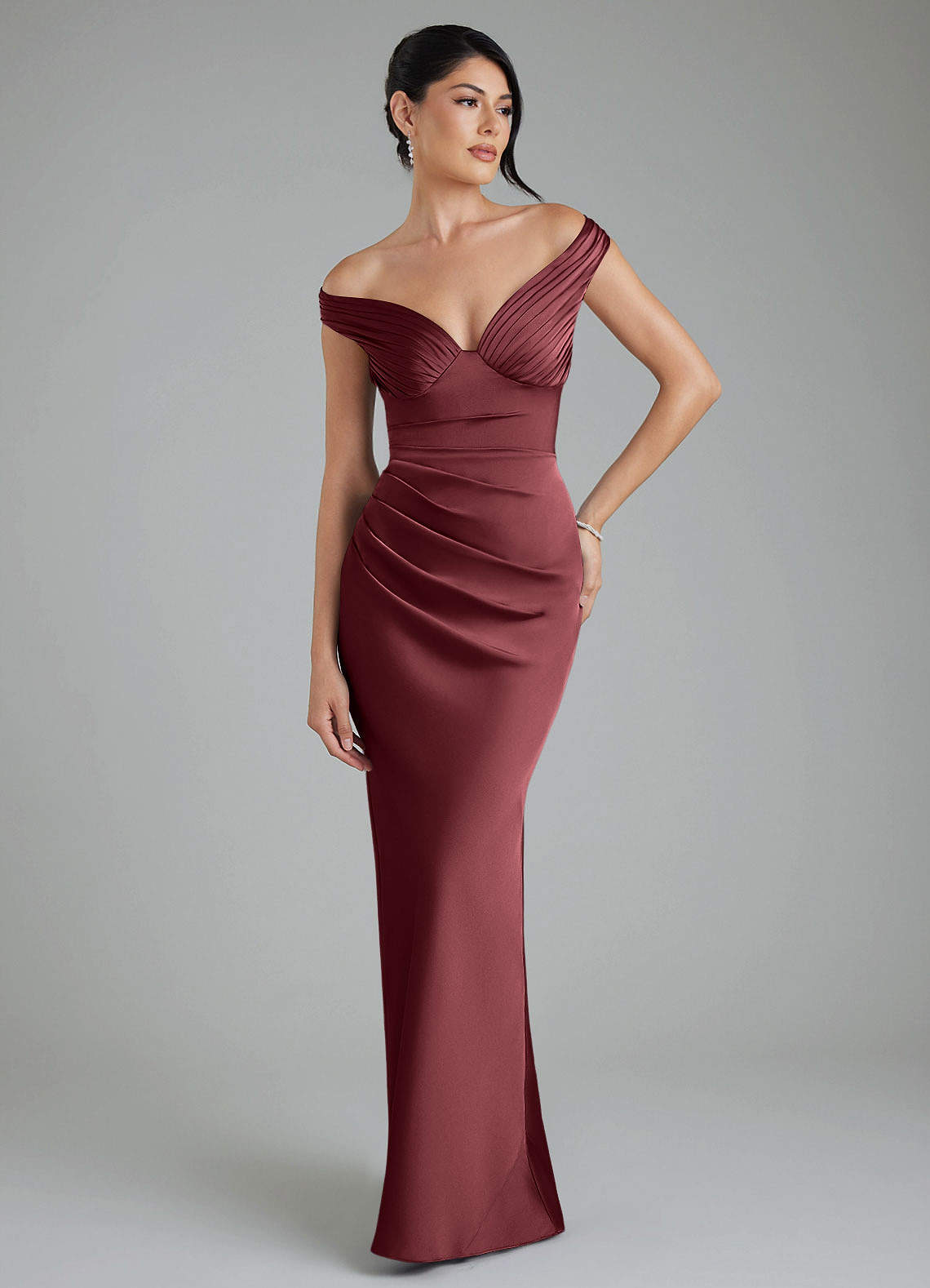 Stella Sheath V-Neck Stretch Satin Bridesmaid Dress in Merlot