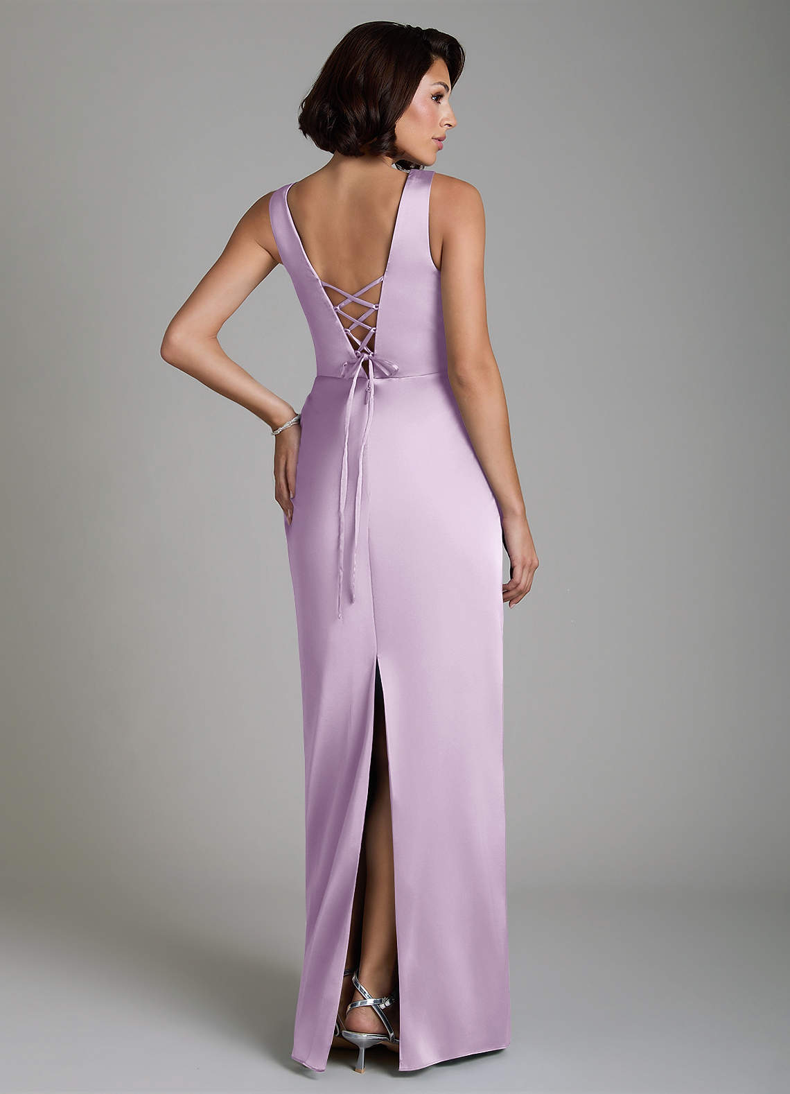 Vanya Sheath V-Neck Stretch Satin Bridesmaid Dress in Frosted Lilac