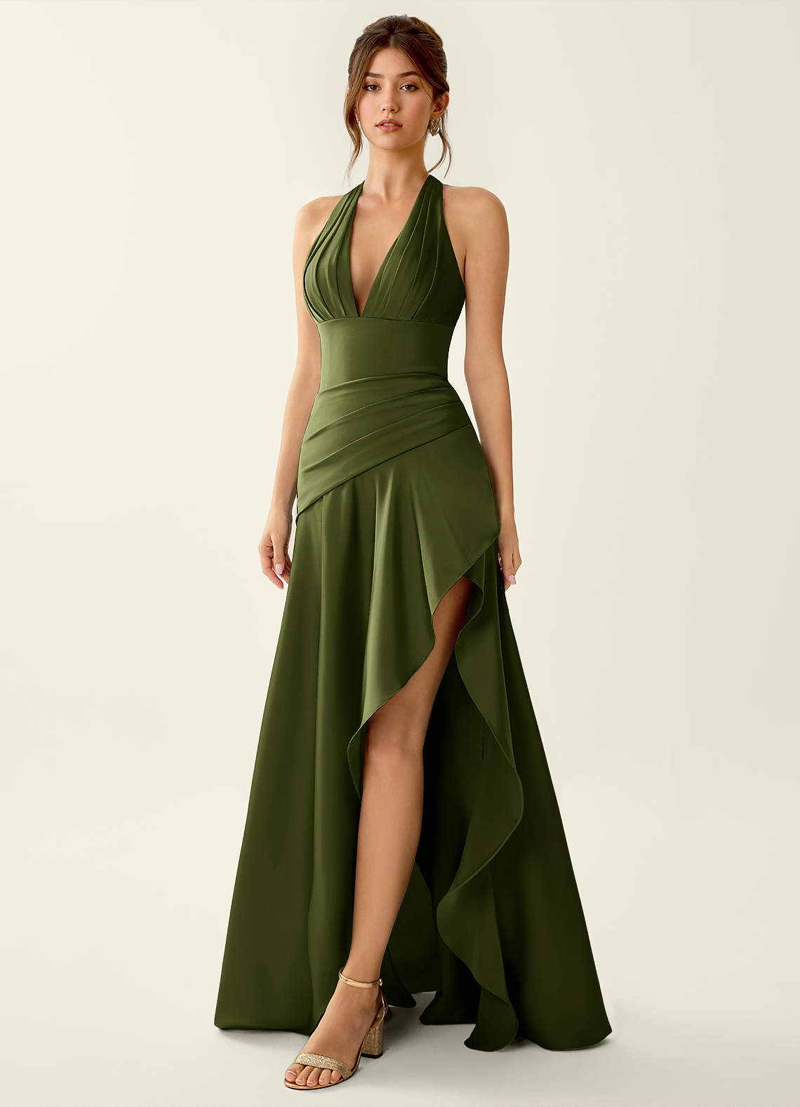 Titania Halter Asymmetric-Ruffle Satin Evening Dress in Pastel Yellow