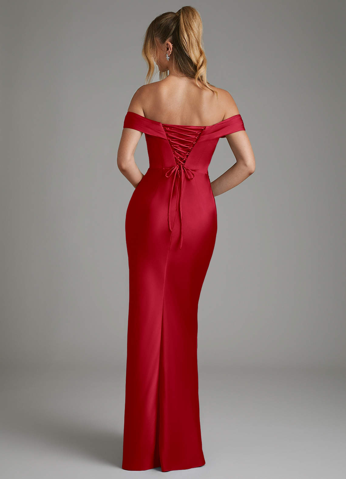 Hayden Mermaid Off-the-Shoulder Stretch Satin Bridesmaid Dress in Scarlet