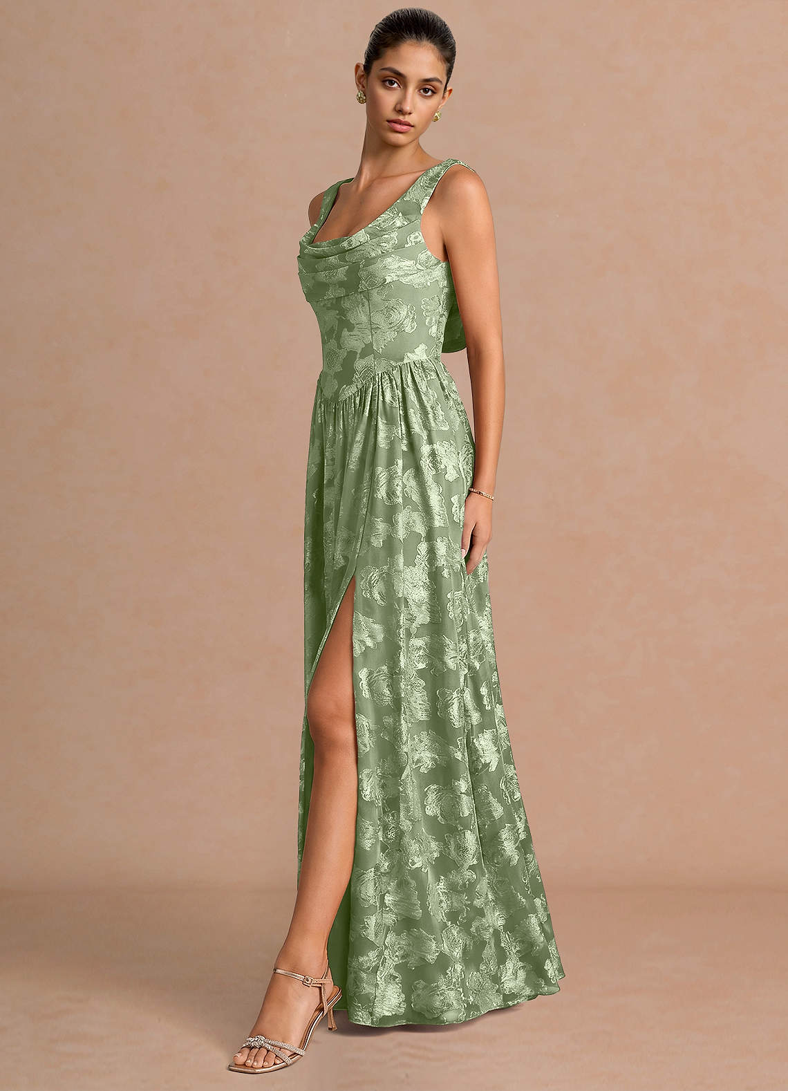 Novi A-Line Draped-Neck Floral Fil Coupé Evening Dress in Light Green