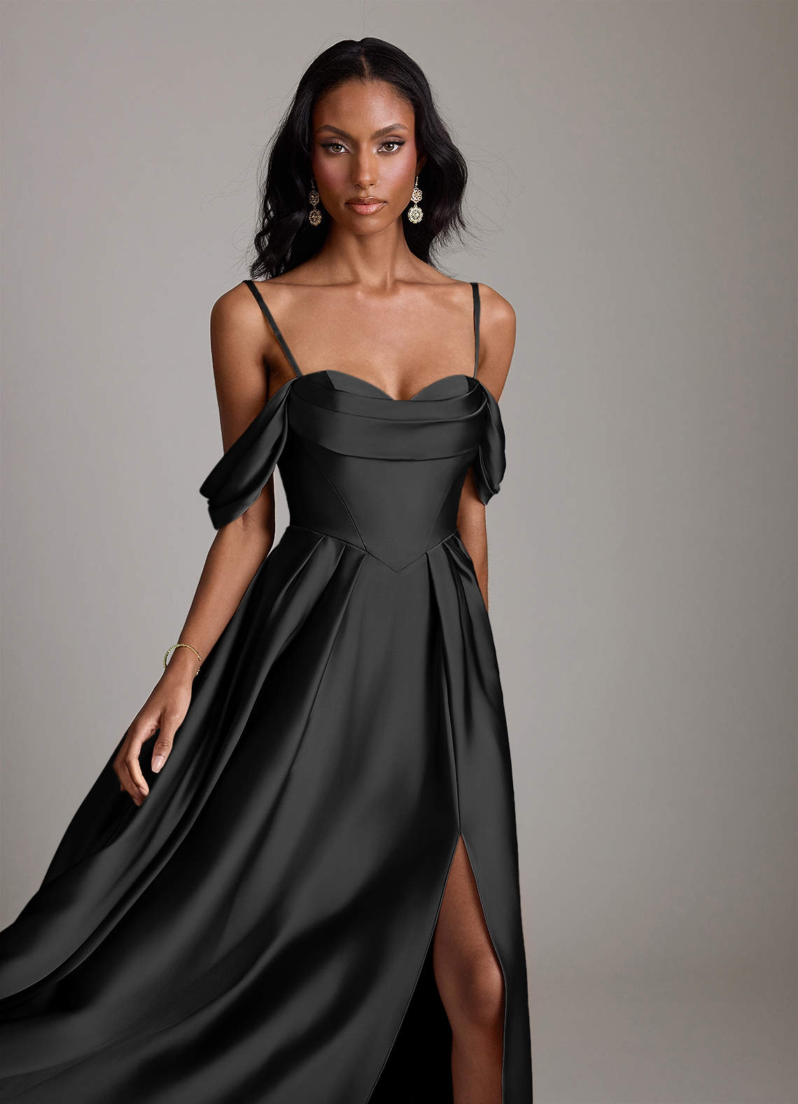 Loisa A-Line Off-the-Shoulder Stretch Satin Bridesmaid Dress in black