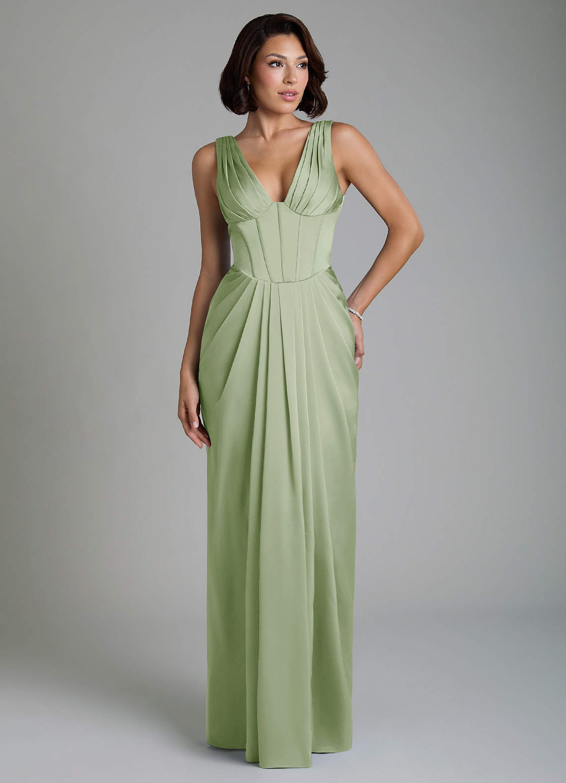 Vanya Sheath V-Neck Stretch Satin Bridesmaid Dress in Dusty Sage