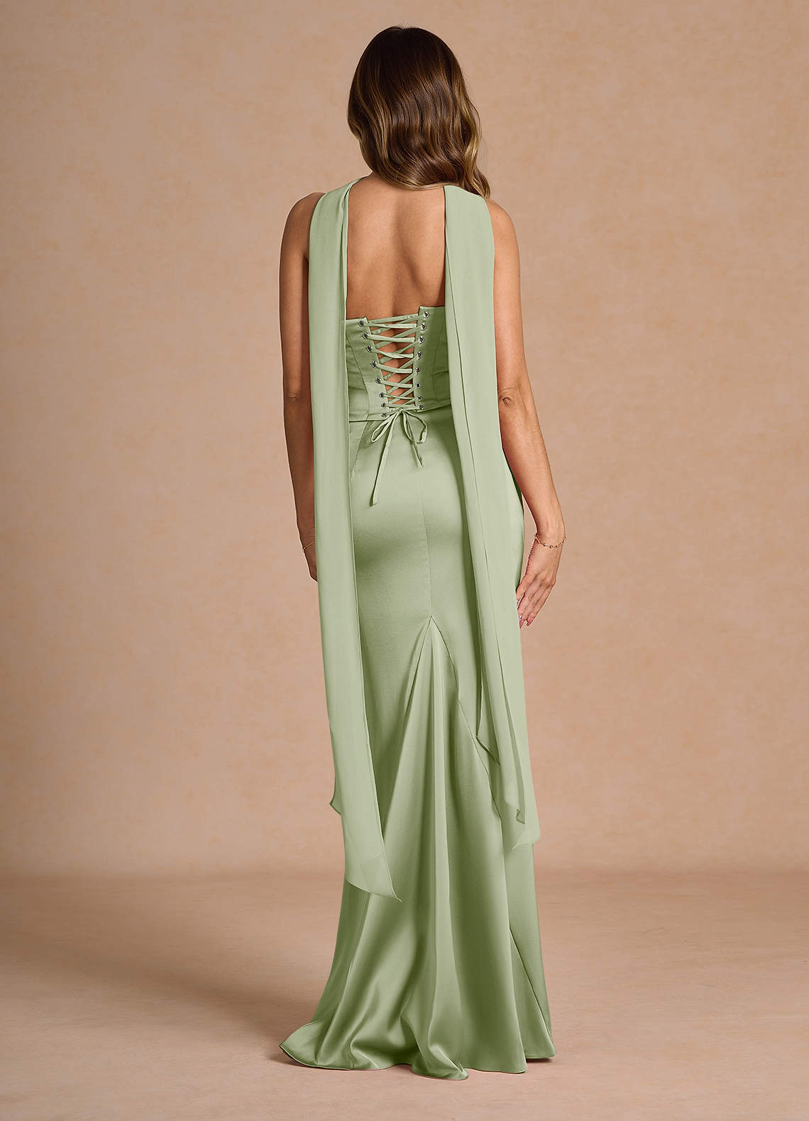Sorrel Mermaid Corset Stretch Satin Evening Set in Dusty Sage