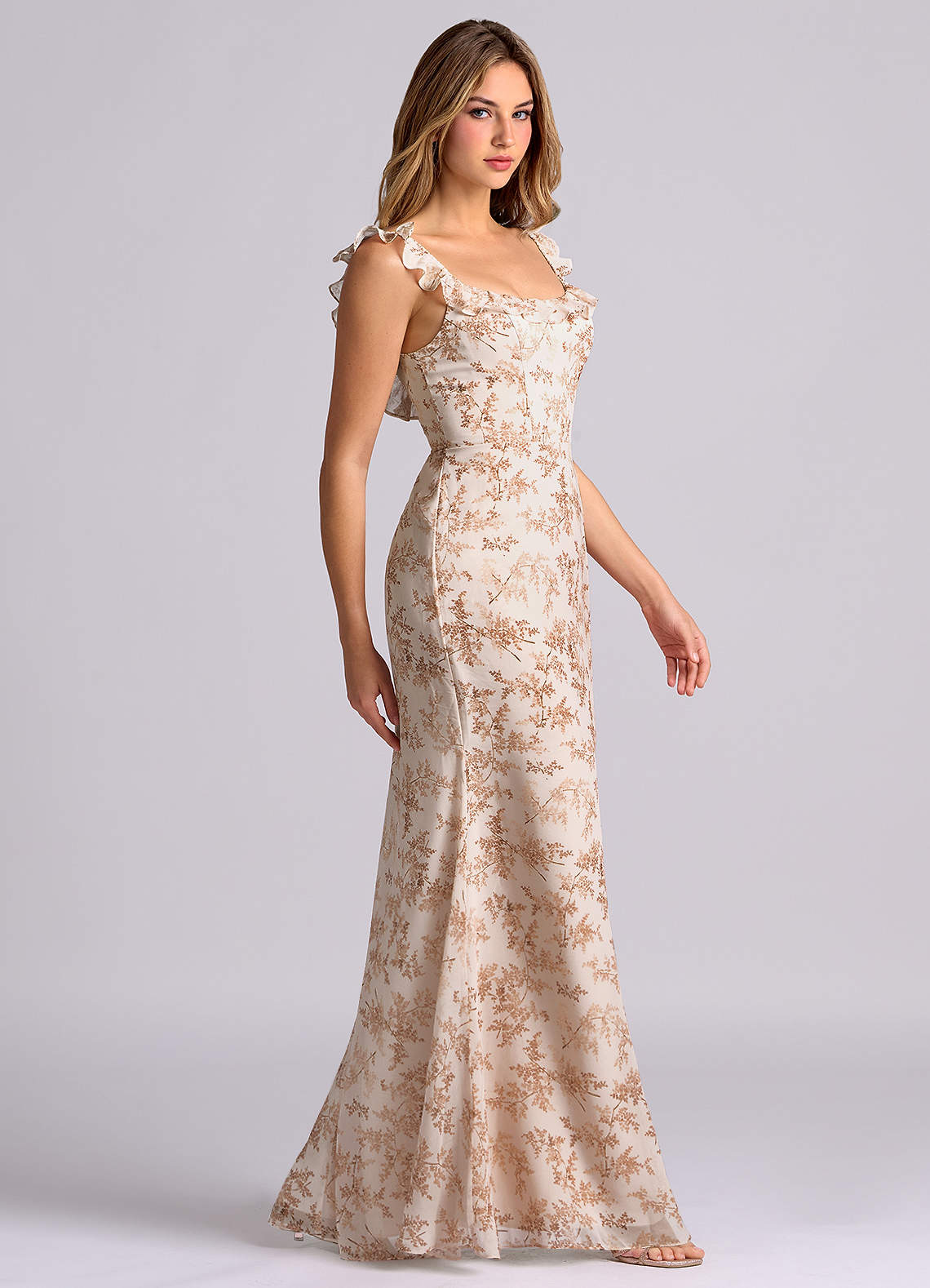Callie Mermaid Scoop-Neck Chiffon Bridesmaid Dress in Pink Fern Floral