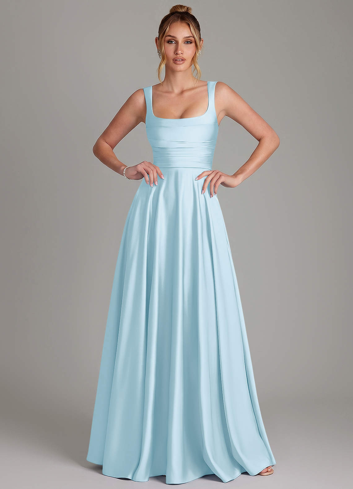 Azaria A-Line Square-Neck Stretch Satin Bridesmaid Dress in Sky Blue