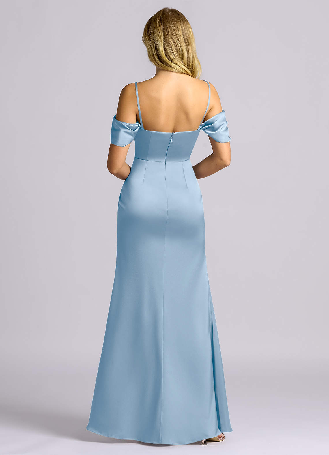 Auden Sheath Off-the-Shoulder Stretch Satin Bridesmaid Dress in Powder Blue