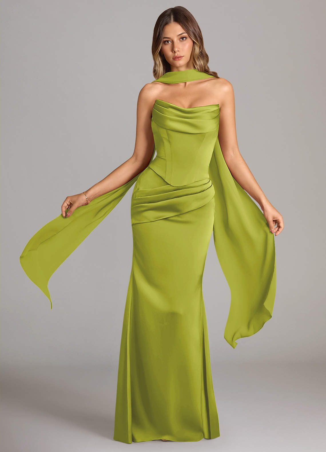 Sorrel Mermaid Cowl-Neck Stretch Satin and Chiffon Bridesmaid Dress in Lemongrass