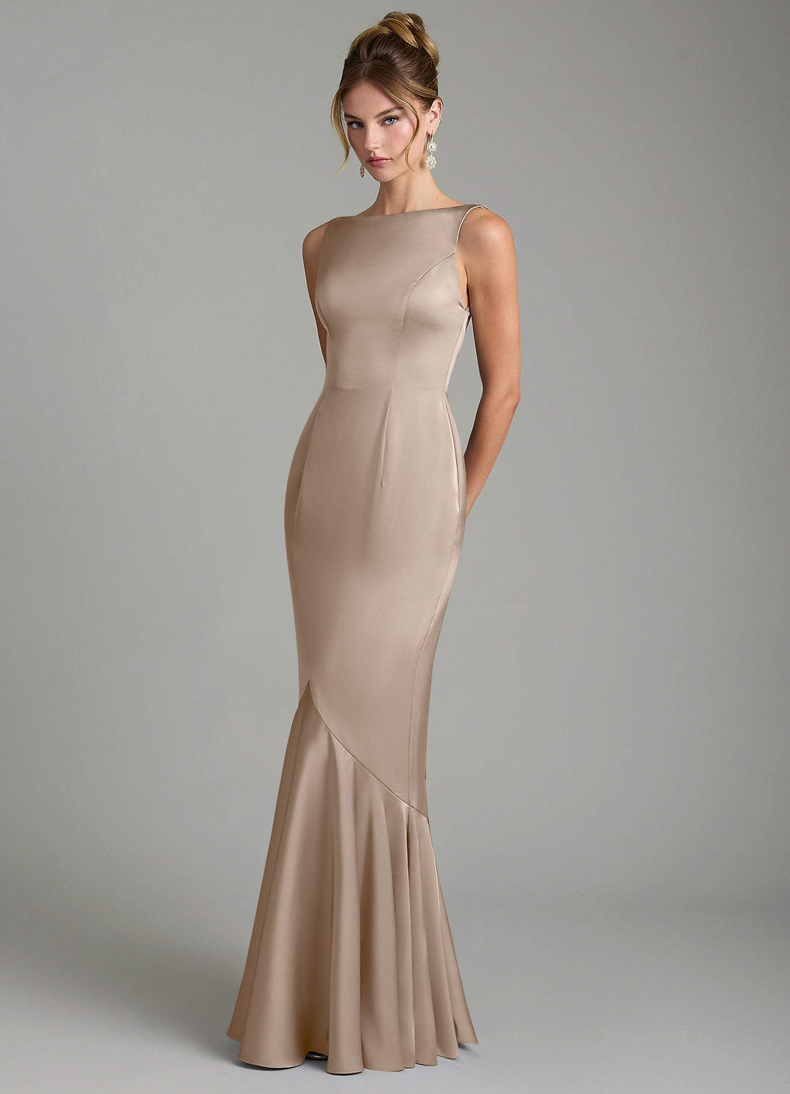 Tamera Mermaid Boat-Neck Stretch Satin and Chiffon Bridesmaid Dress in Taupe