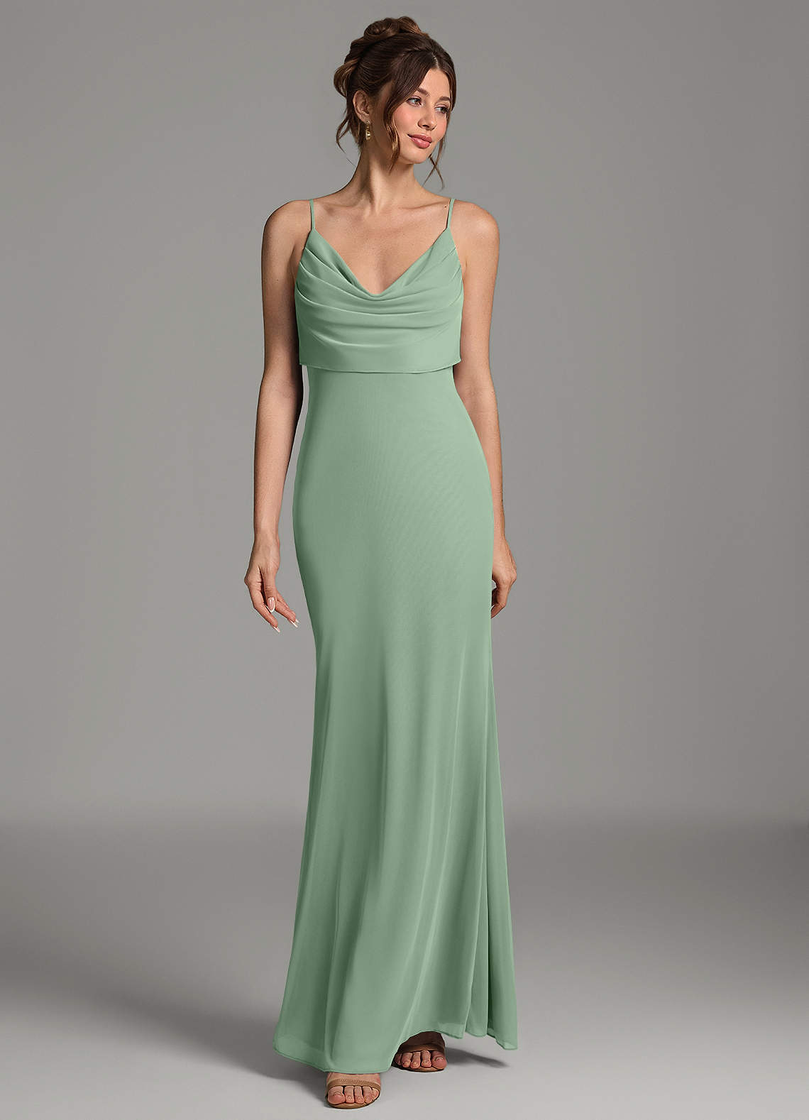 Zari Mermaid Cowl-Neck Mesh Bridesmaid Dress in Matcha