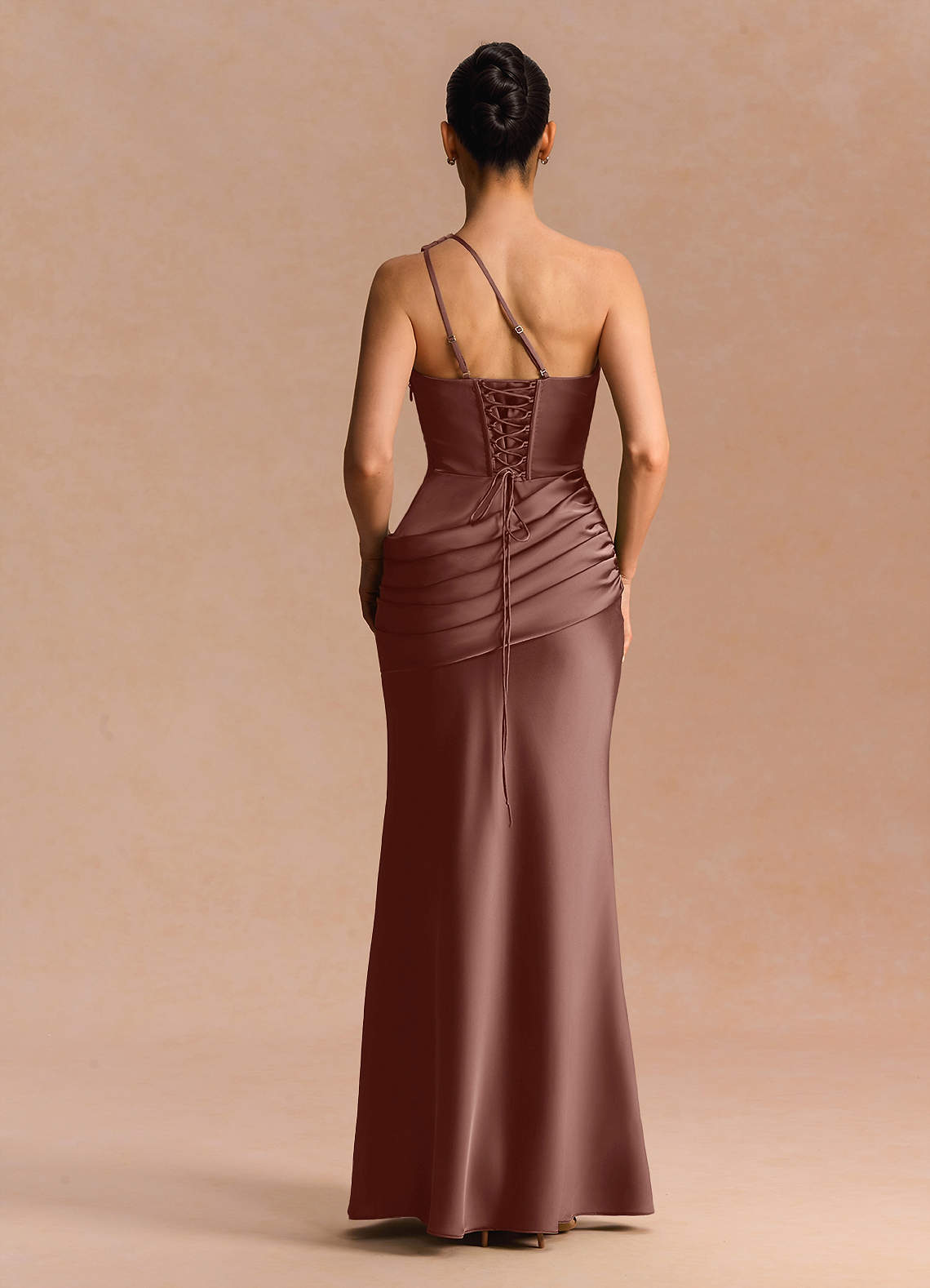Guinevere One-Shoulder Cutout Stretch Satin Evening Dress in Mocha Coco
